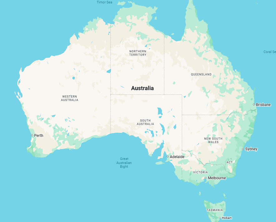 Map of Australia showing states and major cities including Perth, Adelaide, Melbourne, Sydney, Brisbane, and Tasmania.