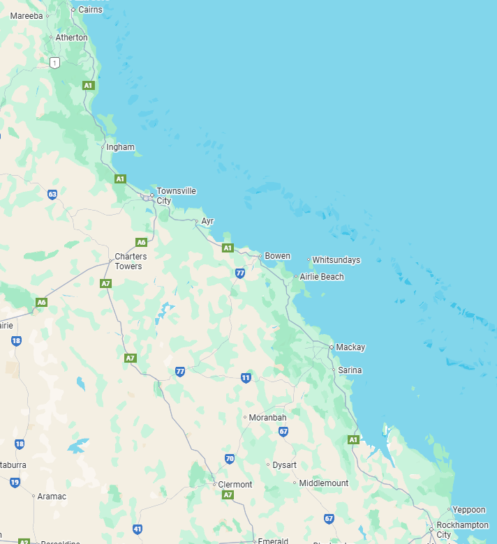 Map of the northeastern coast of Queensland, Australia, showing towns and cities along the coast, including Cairns, Townsville, Bowen, Airlie Beach, Mackay, Sarina, and Rockhampton.
