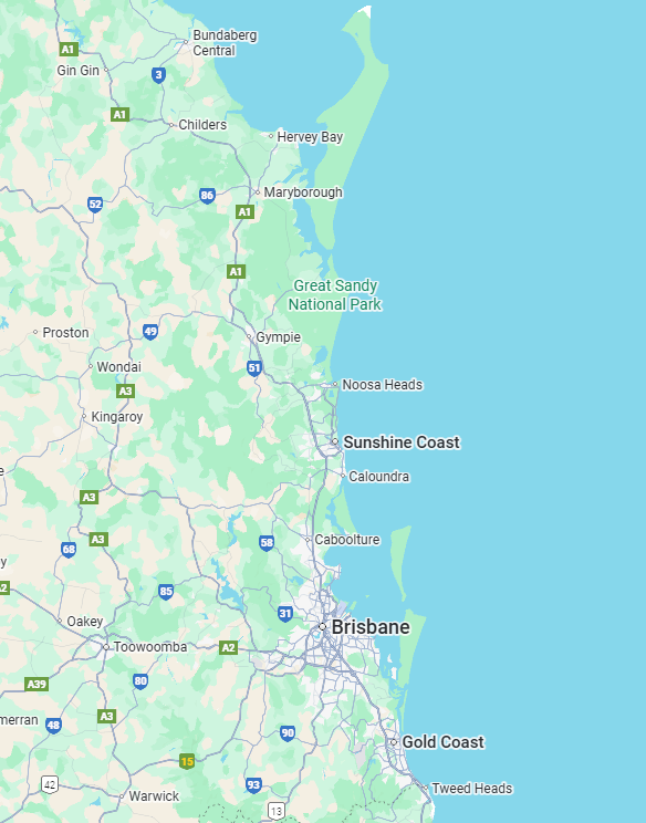 Map of the Sunshine Coast region in Queensland, Australia, showing towns and landmarks like Caloundra, Noosa Heads, and Great Sandy National Park, along with Brisbane and Gold Coast nearby.
