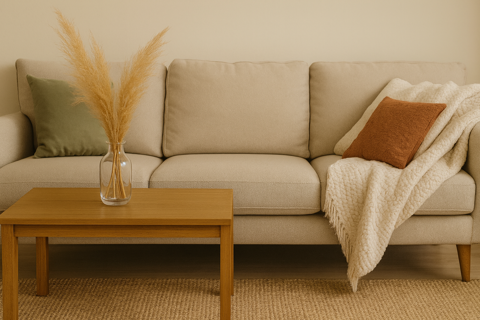 Living room with beige sofa, decorative pillows, throw blanket, wooden coffee table, and a vase with pampas grass