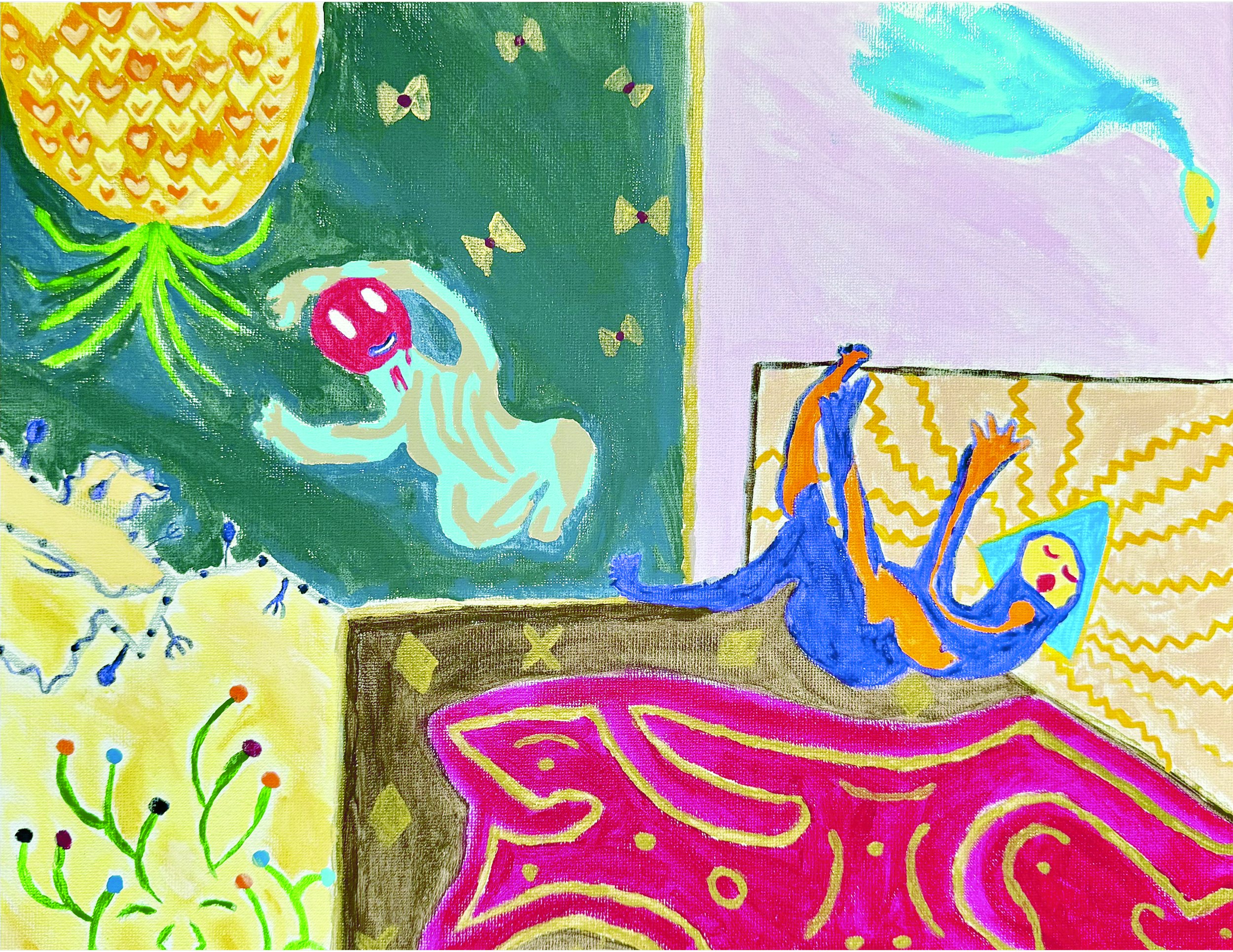 Colorful abstract painting with animals and plants. In the top left, there is a pineapple. In the center, a white dog holding a red ball with eyes closed, and a blue cat lounging on a yellow cushion. In the bottom left, plants with black-tipped green stems. Brightly colored rugs and a purple background are also visible.