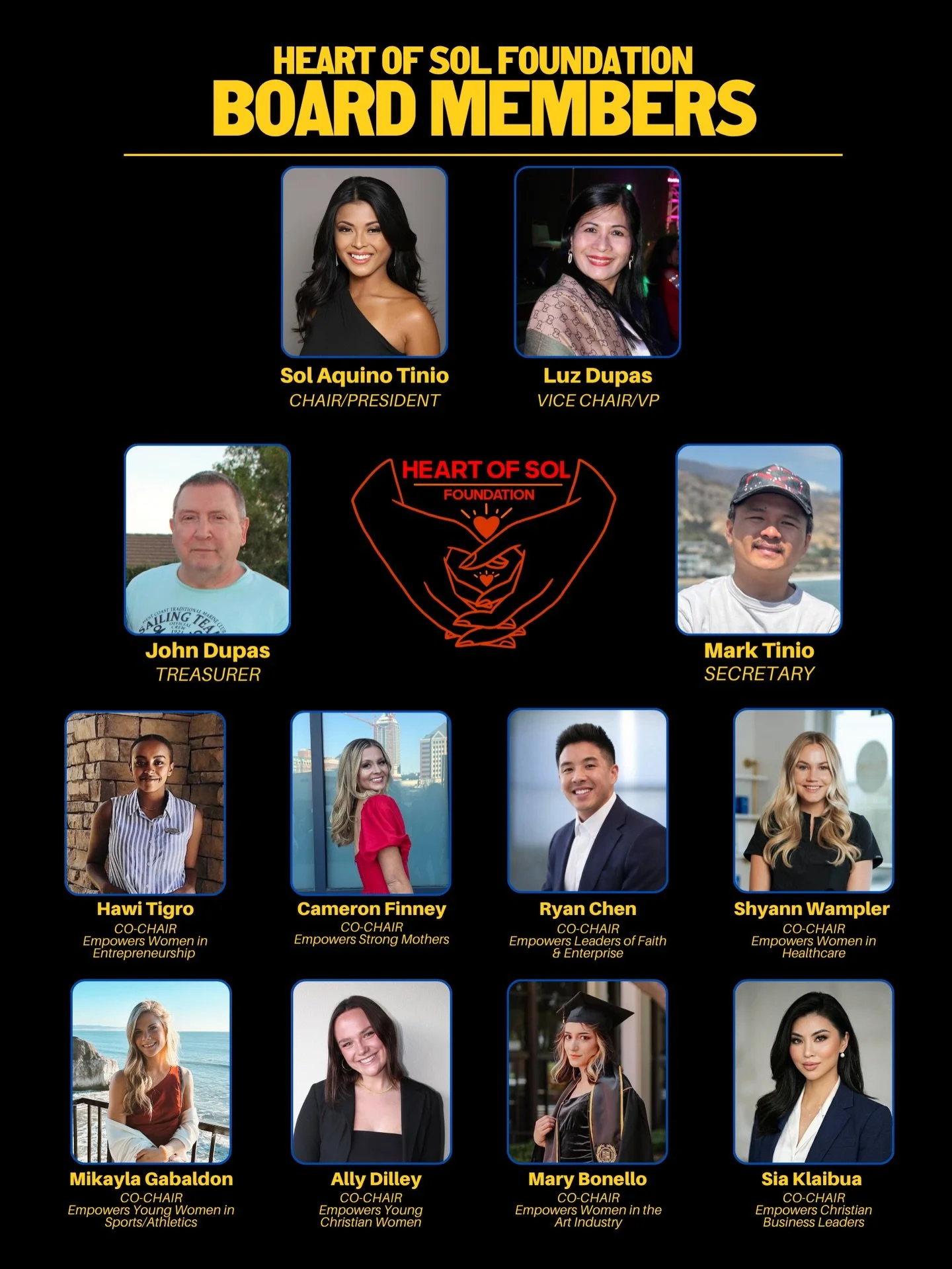 Introducing, Heart of Sol Foundation's board members. We are so honored to have a team of leaders who are brilliant, compassionate, and driven. Each member serves their communities with humility, heart, and excellence. We are proud of each and every 