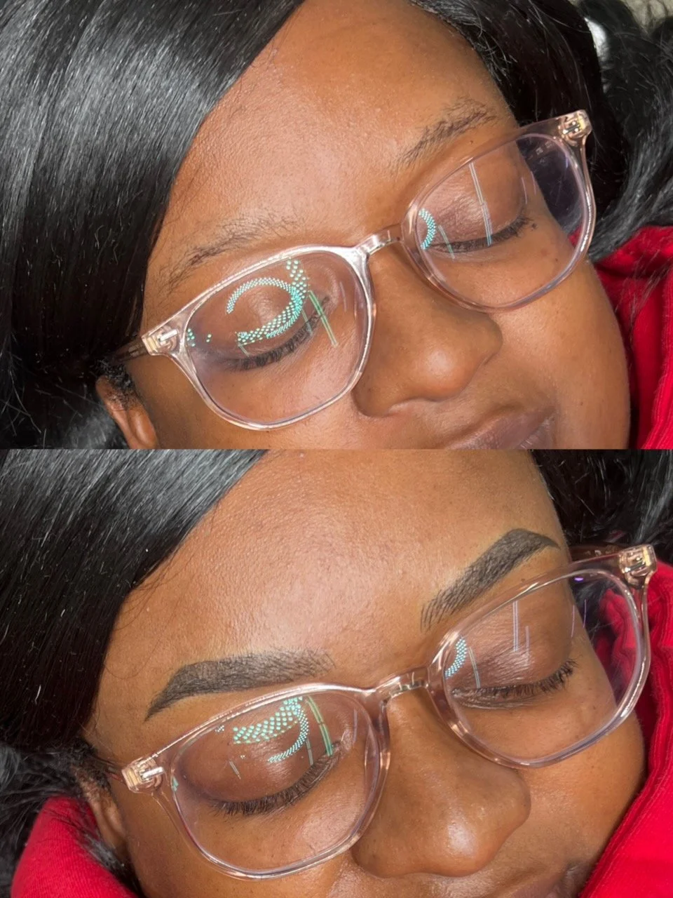 Combo brow permanent makeup procedure before and after transformation done by Wink&Ink Studio in Tulsa, Oklahoma