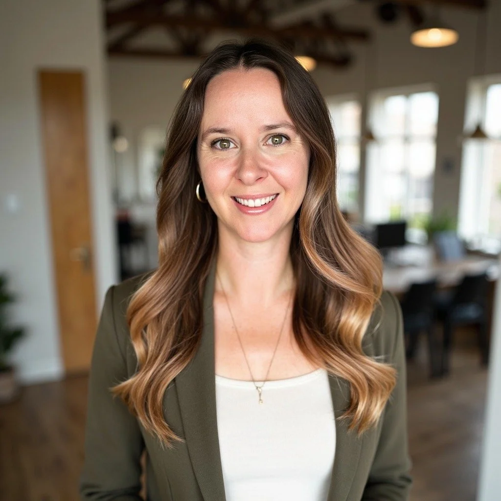 A woman with long brown hair, wearing a white top and an olive-green blazer, smiling in a well-lit, modern office space with large windows.