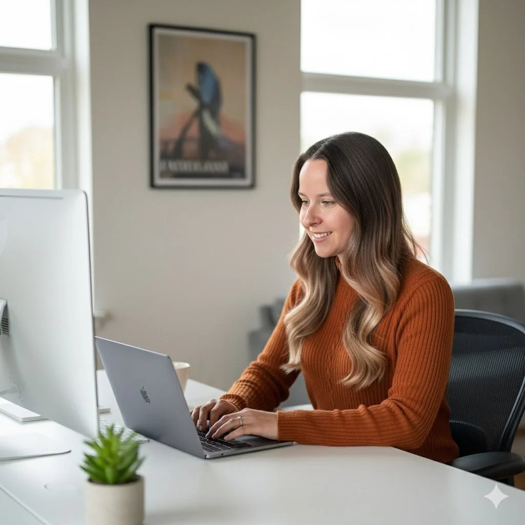 A woman with long wavy brown hair working on a laptop at a white desk in a bright office space, with a potted plant and a large computer monitor in front of her, and framed artwork on the wall behind her.