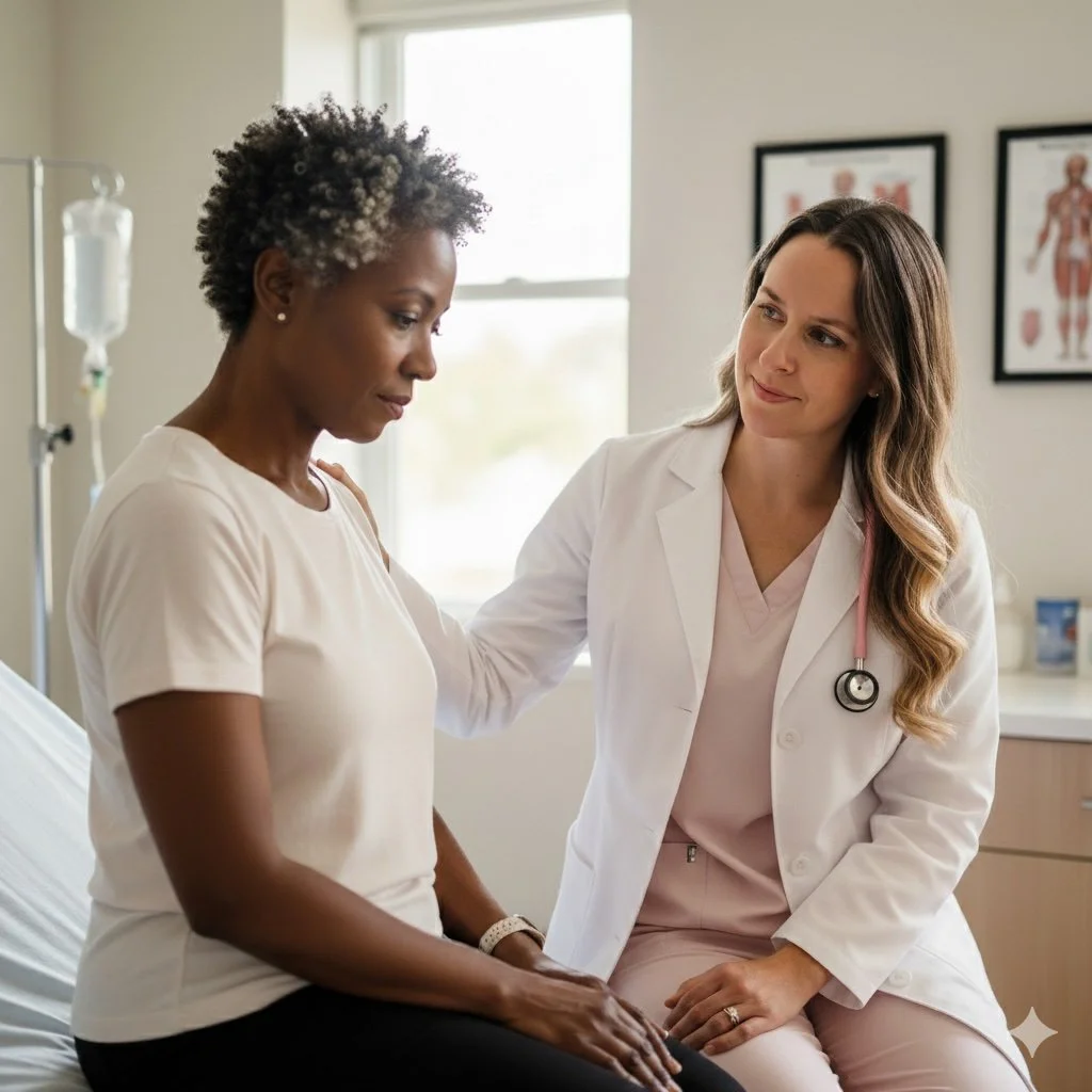A healthcare professional, a woman in a white coat with a stethoscope, offers comfort to a female patient sitting on a hospital bed in a medical examination room.
