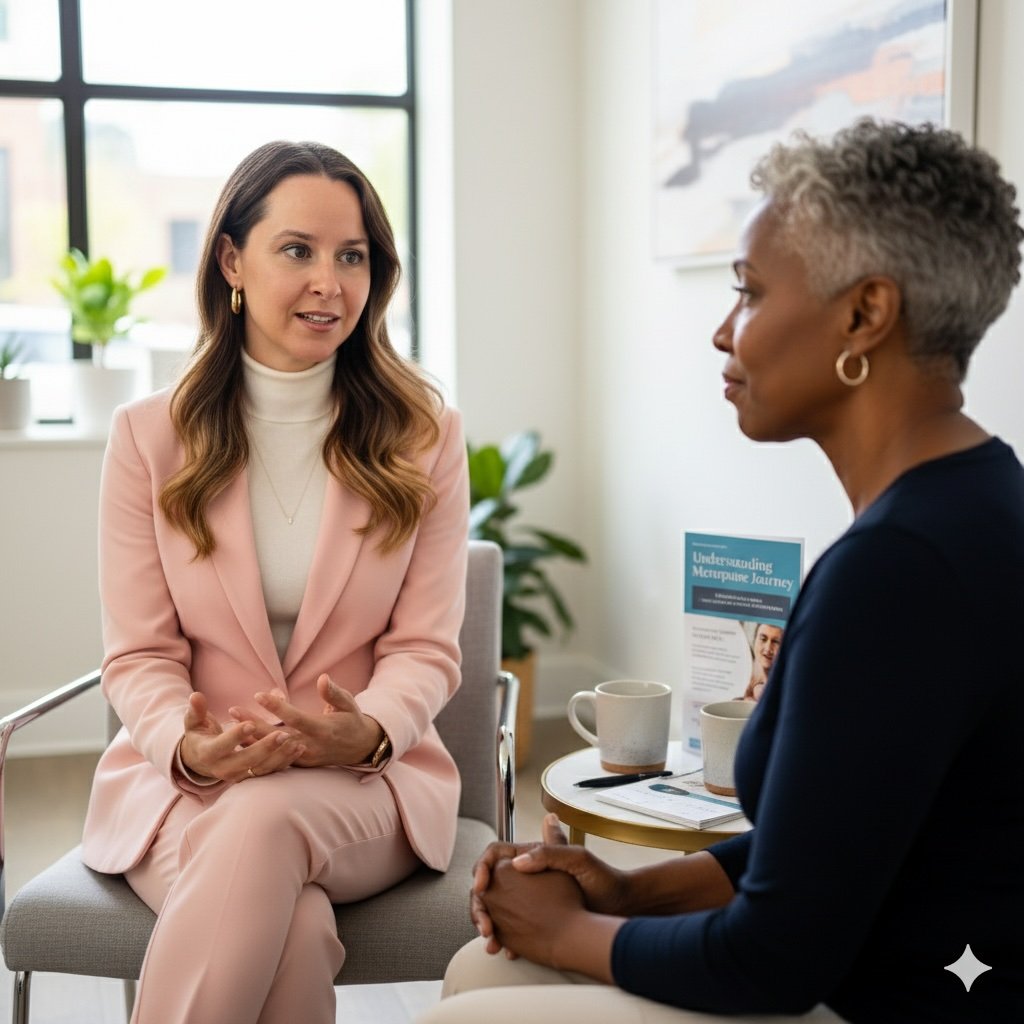 Two women having a discussion in a bright office. One woman with long brown hair, wearing a light pink suit, is speaking and gesturing with her hands. The other woman with short gray hair, wearing a black top, is listening attentively. There are pamphlets, mugs, and a plant in the background.