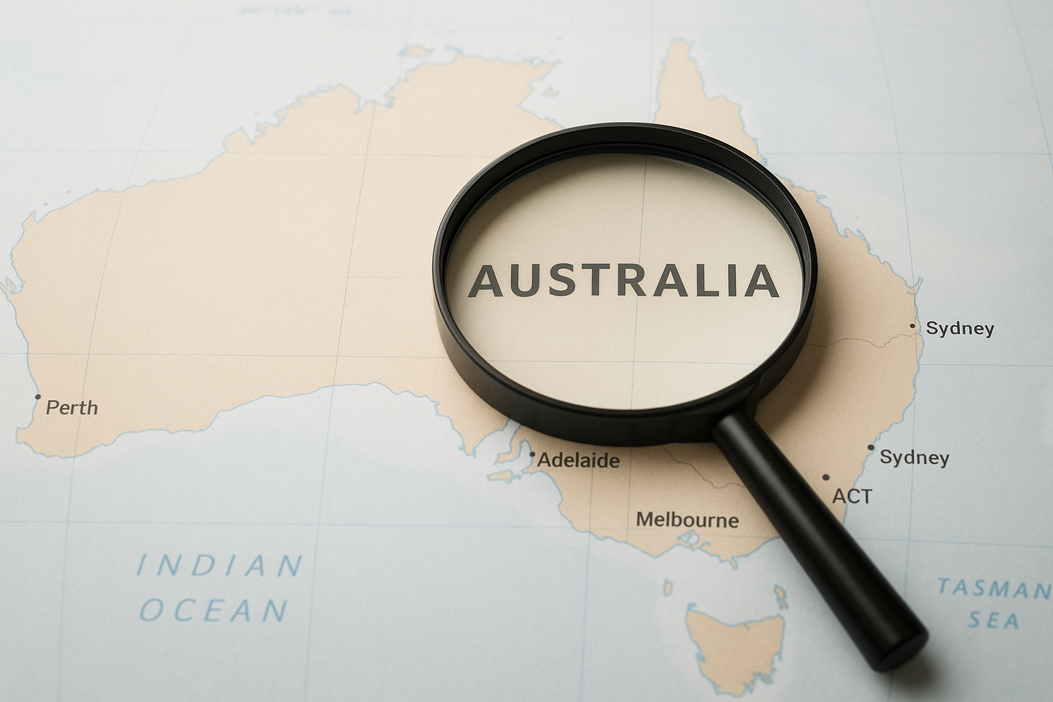 A map of Australia with a magnifying glass focusing on the country name 'AUSTRALIA'.