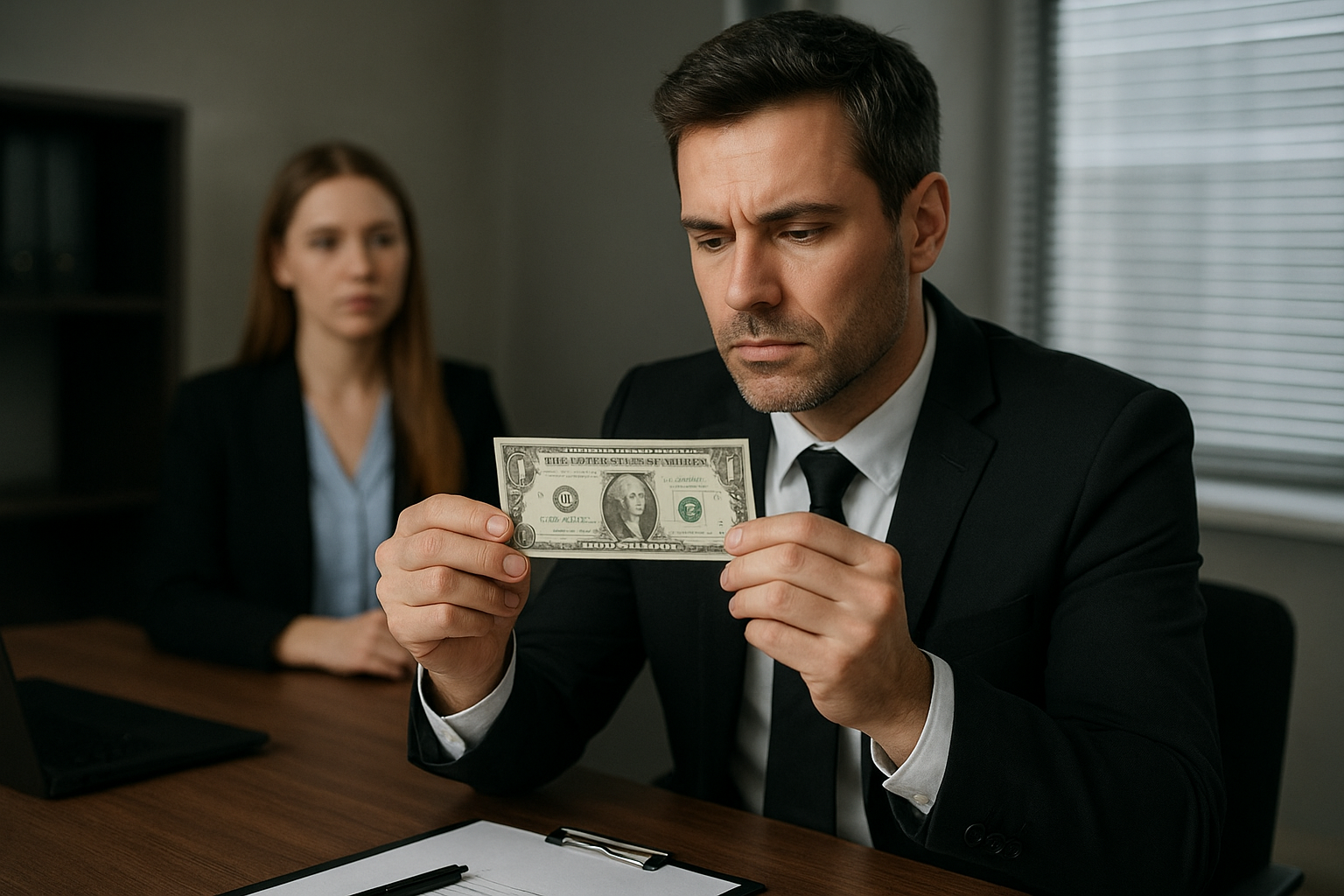 Man in black suit holding a dollar bill with a woman in black suit blurred in the background at a desk in an office.