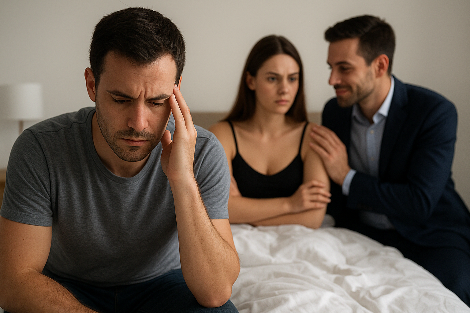 A man in a gray t-shirt sitting on a bed, holding his head with a distressed expression. Two people, a woman and a man, are behind him; the woman looks upset and is crossing her arms, while the man in a suit is comforting her with a hand on her shoulder.