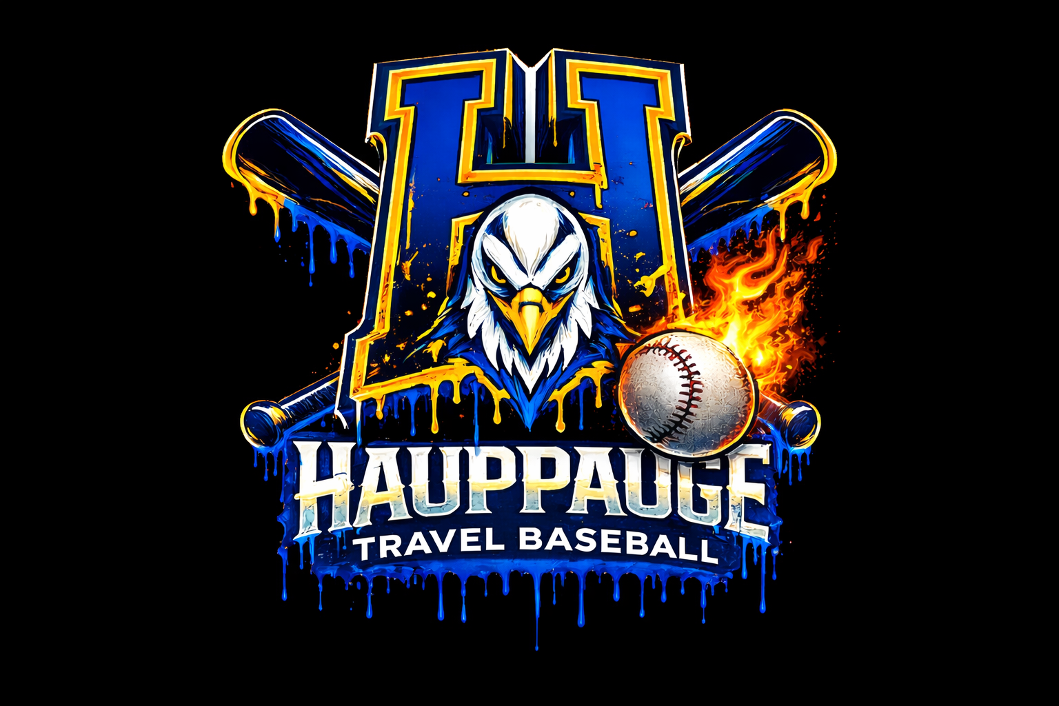 Logo for Hauppauge Travel Baseball featuring an eagle with glowing blue eyes inside a shield with a gold and blue color scheme.