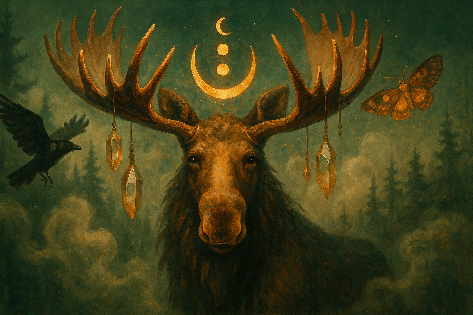 A mystical image of a moose with a moon and a raven and a moth
