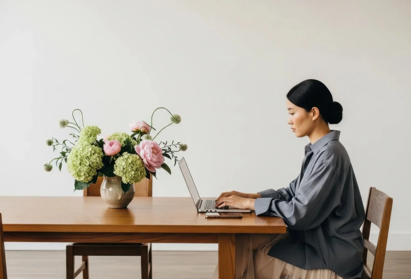 A woman with black hair in a low bun working on a laptop at a wooden table with a flower arrangement in a beige vase.