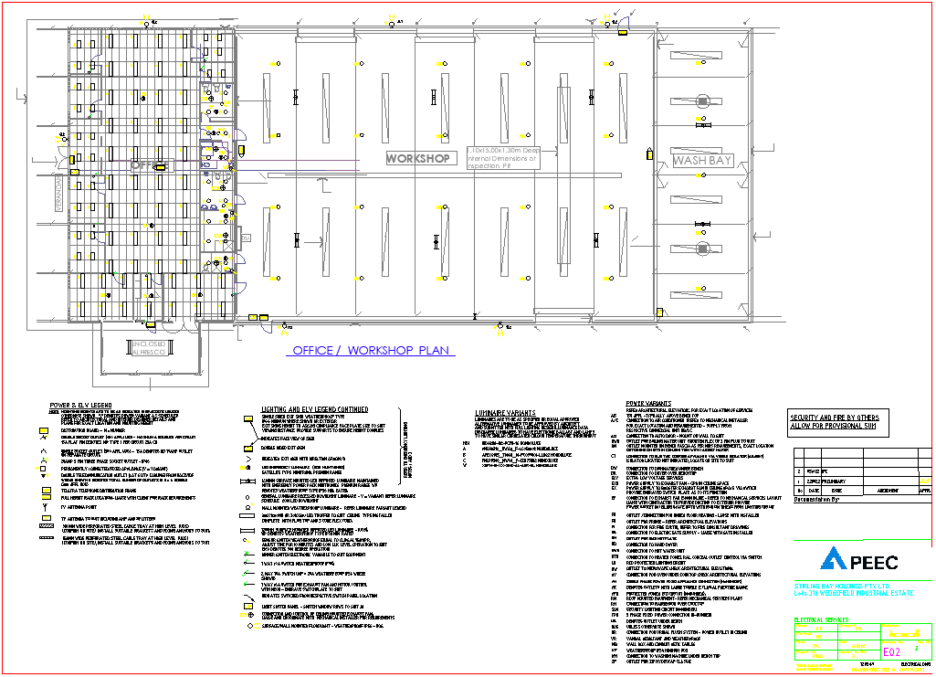 Architectural blueprint of an office and workshop space with labeled areas, electrical symbols, and detailed notes.