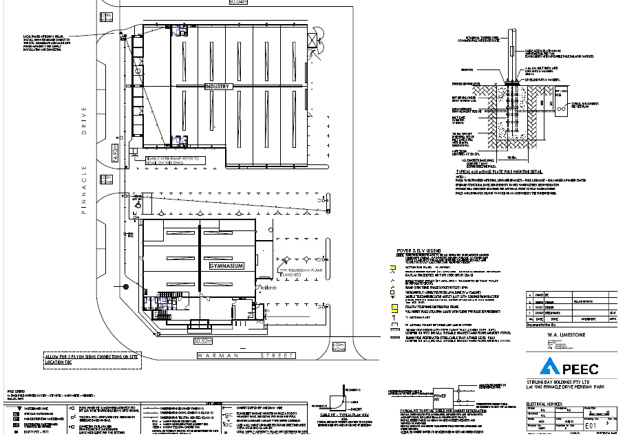Site plan drawing showing two main buildings, a gymnasium and an industrial area, situated on Pinnacle Drive and Warman Street, with detailed construction annotations and electrical symbols.