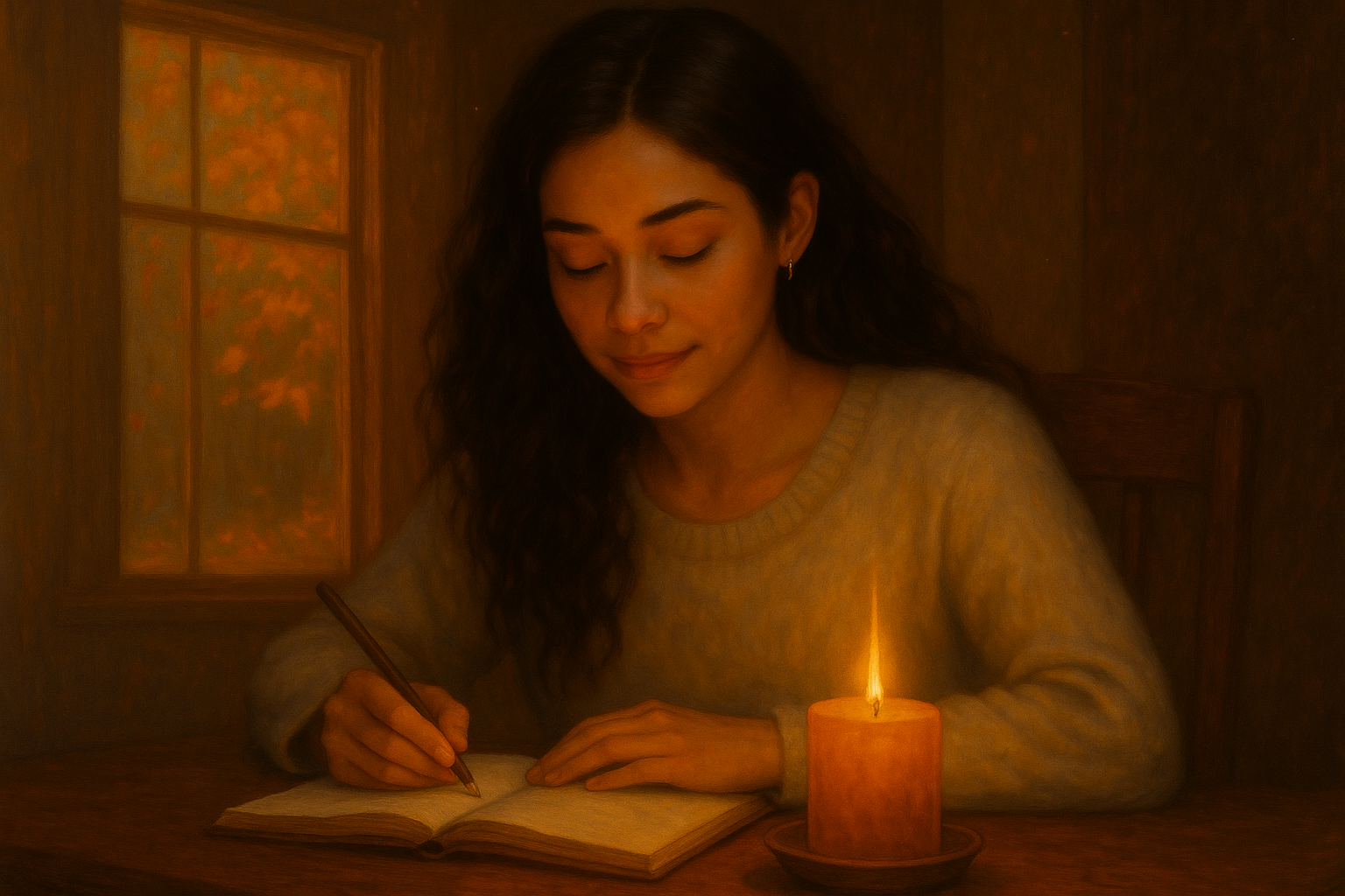 Young woman writing in a notebook by candlelight in a cozy room.
