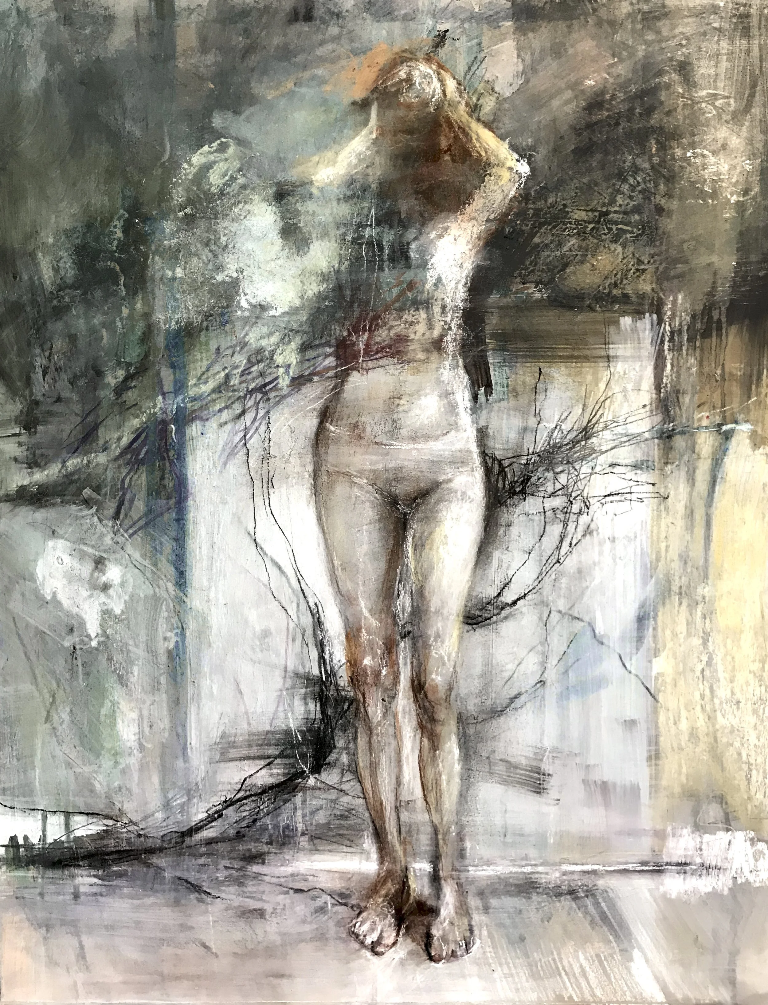 Abstract painting of a nude woman standing with her head bowed, surrounded by expressive brushstrokes and muted colors.
