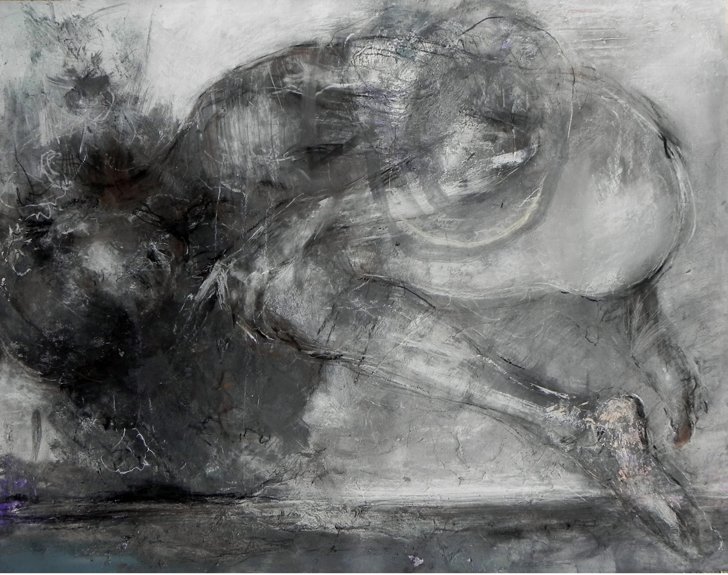 Abstract sketch of a figure, possibly a woman, sitting or crouching, with swirling lines and shading in shades of gray and black.