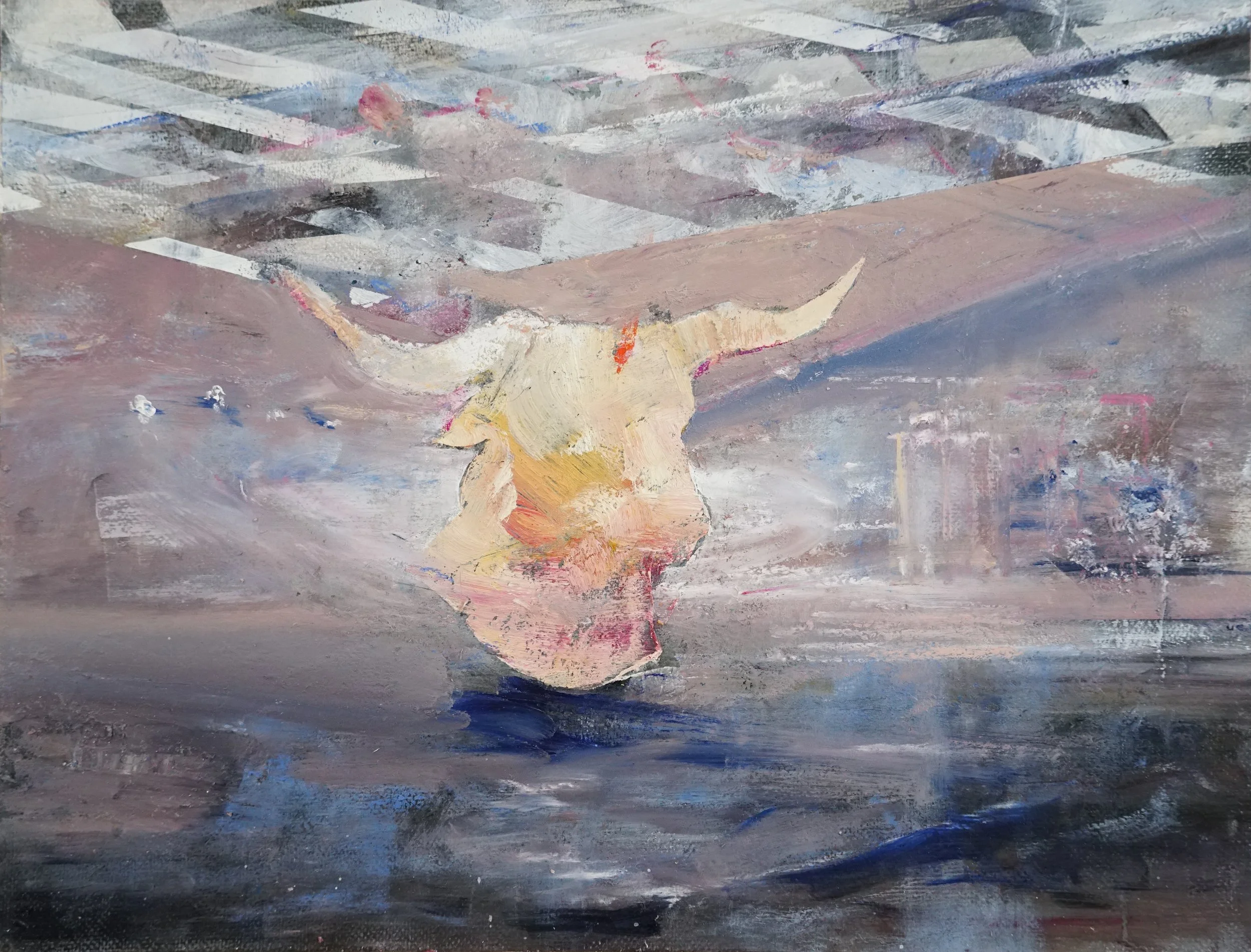 Abstract painting of a cow with horns, painted in pastel colors, against a mixed background of gray, white, and pink brushstrokes.