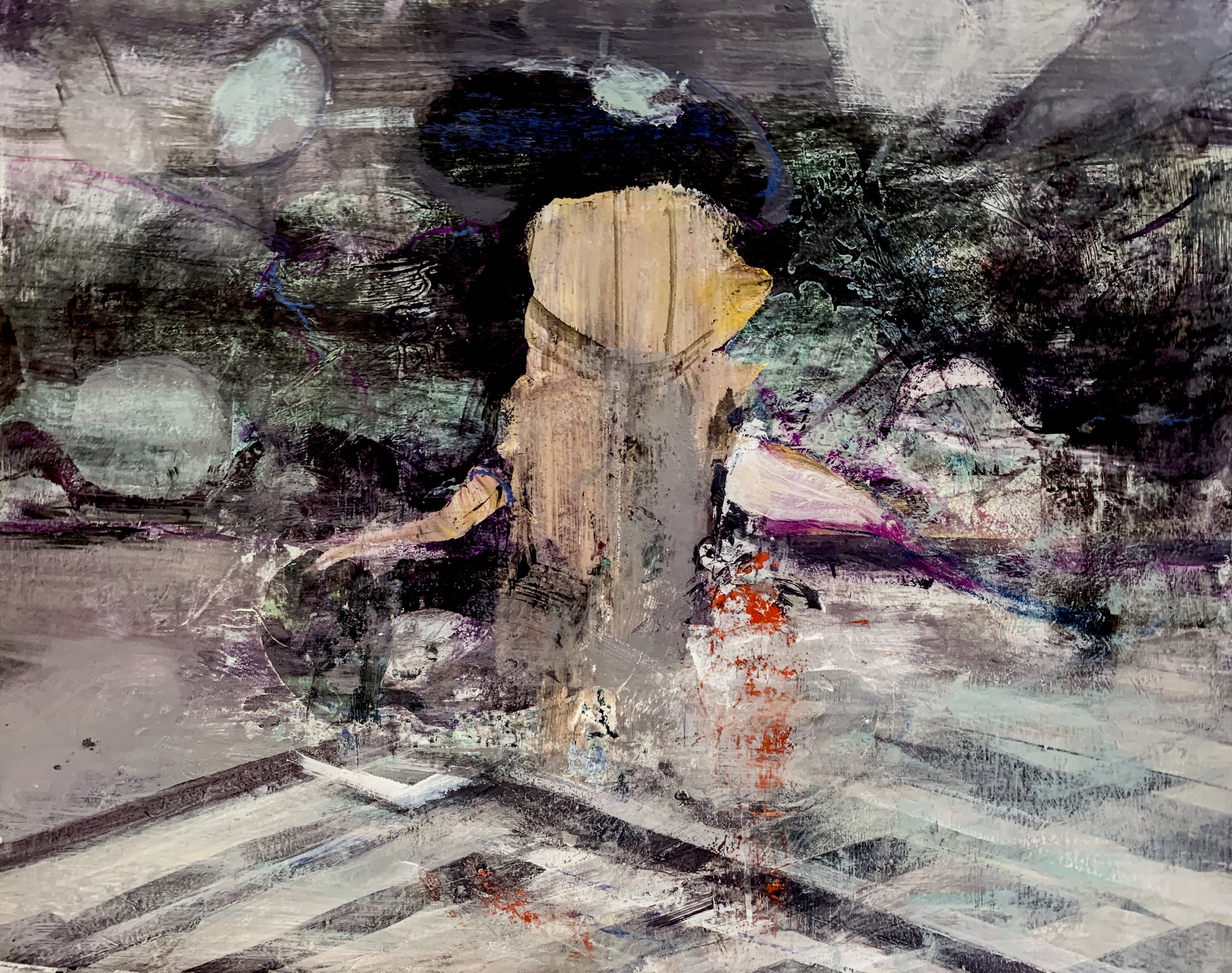 An abstract painting of a woman with yellow hair, sitting at a table in a setting with dark colors, sketches, and splashes of bright colors, with a blurred background.