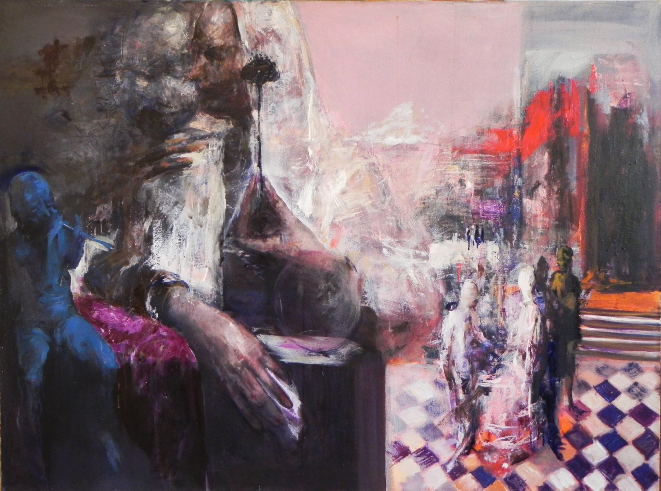 Abstract painting of a city scene with people walking, and a large portrait of a woman with glasses on the left side.