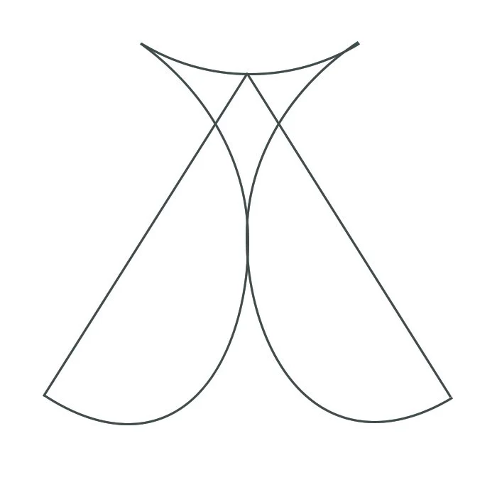 Line drawing of an hourglass shape with symmetrical curves and intersecting lines