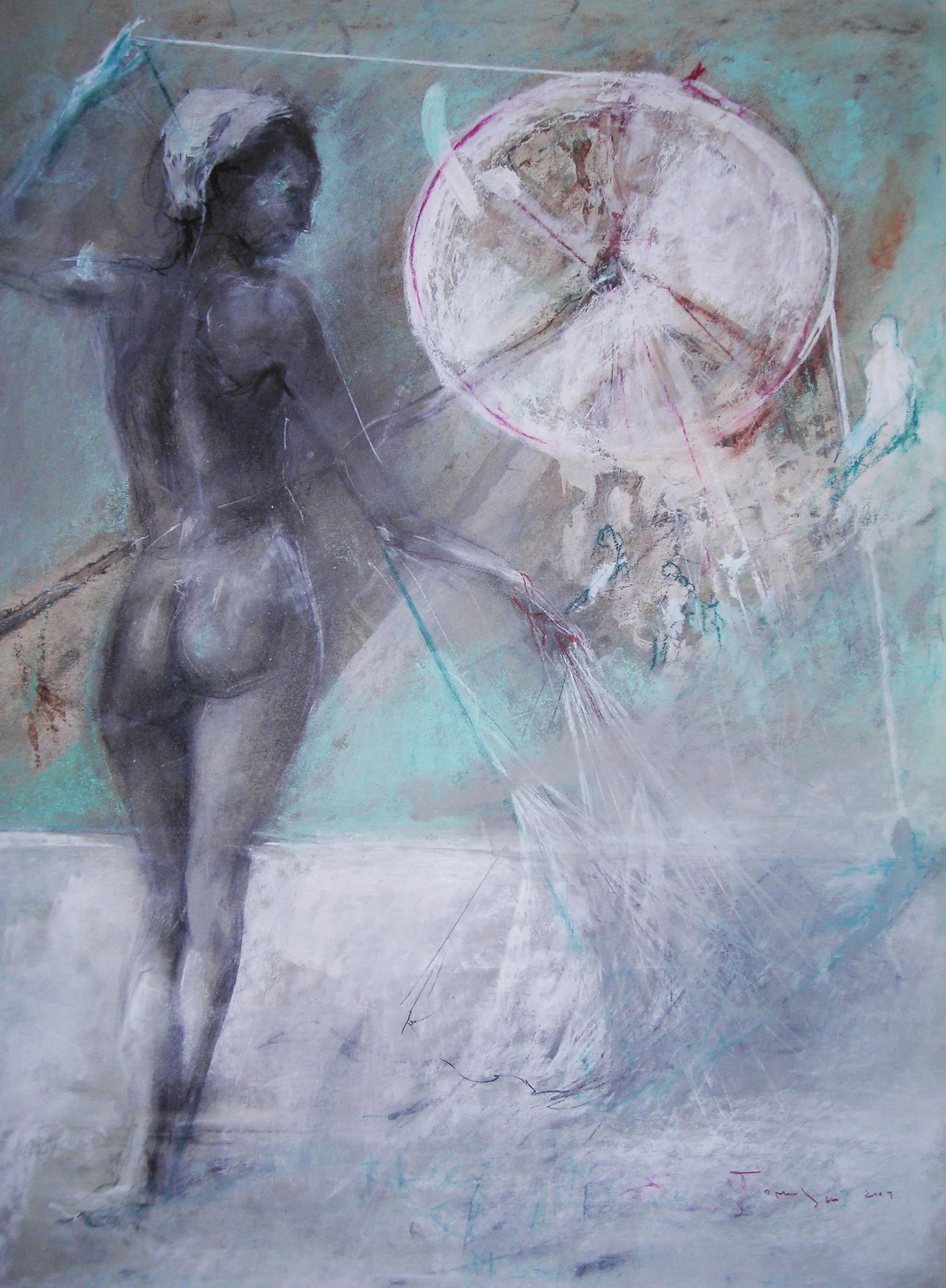 Fishing Angels iat the North Pole,  mixed media on paper, 38x27"