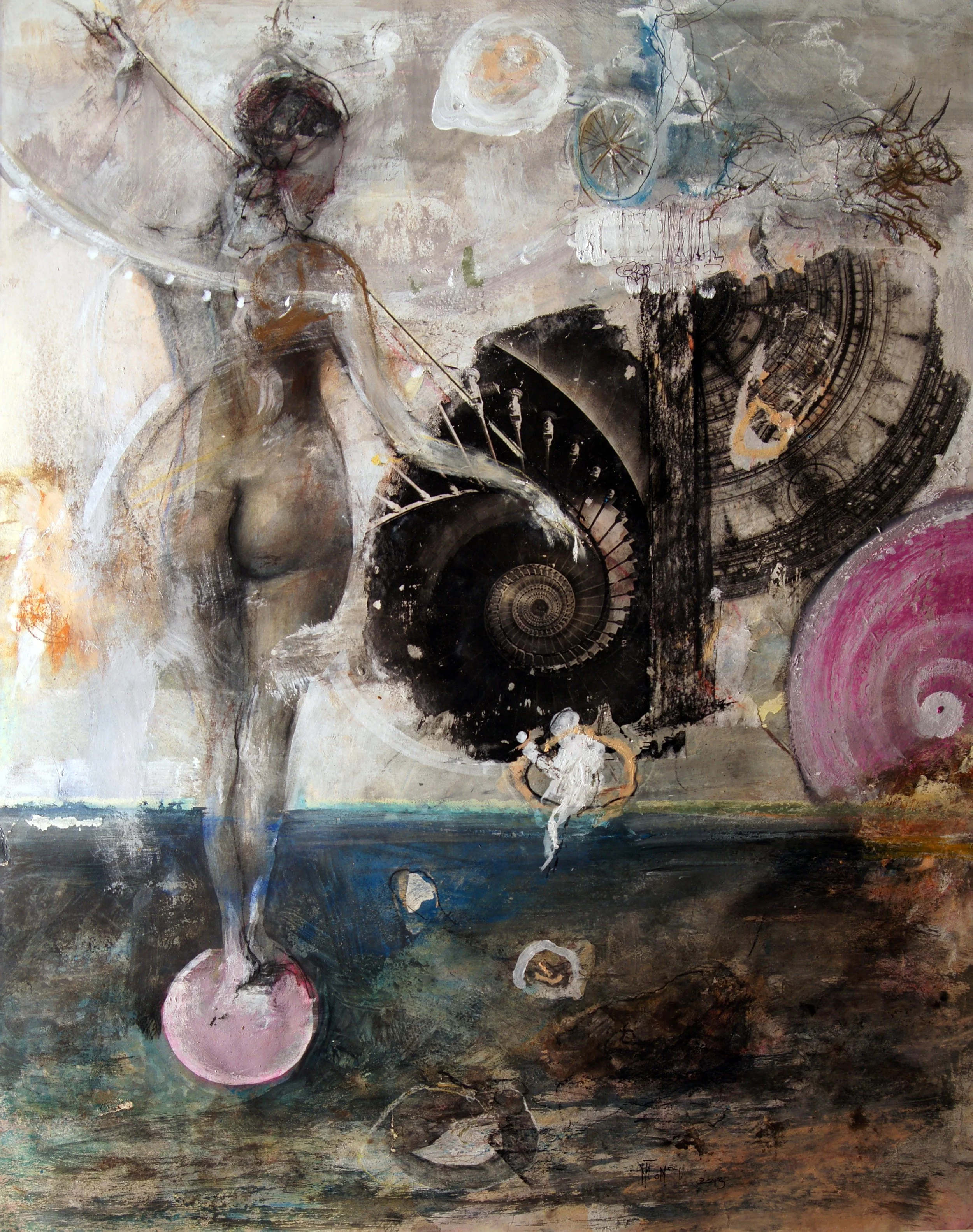 Fishing Angels in the Black Sea,  mixed media on paper, 38x27"