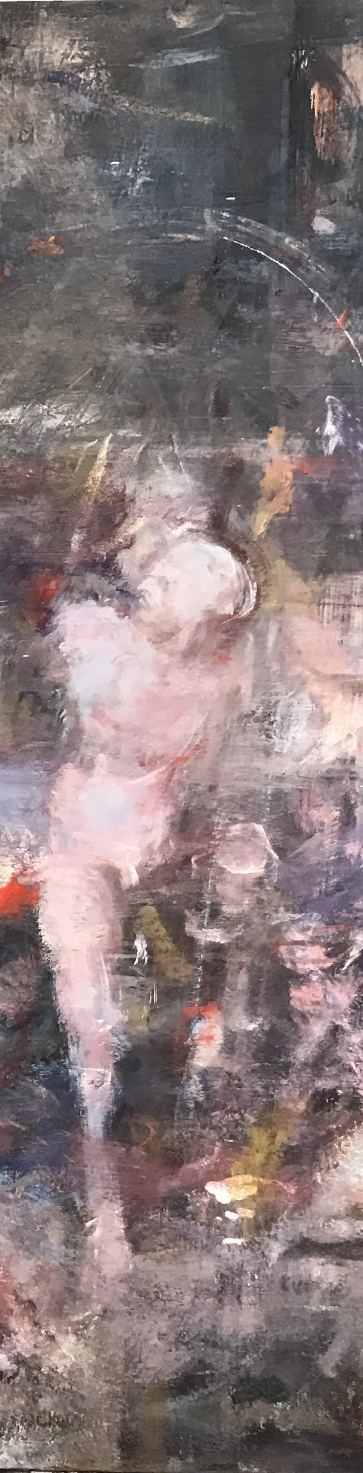 Abstract painting with dark background and light, blurred figures, possibly resembling a human form, with scattered patches of red, white, and other colors.