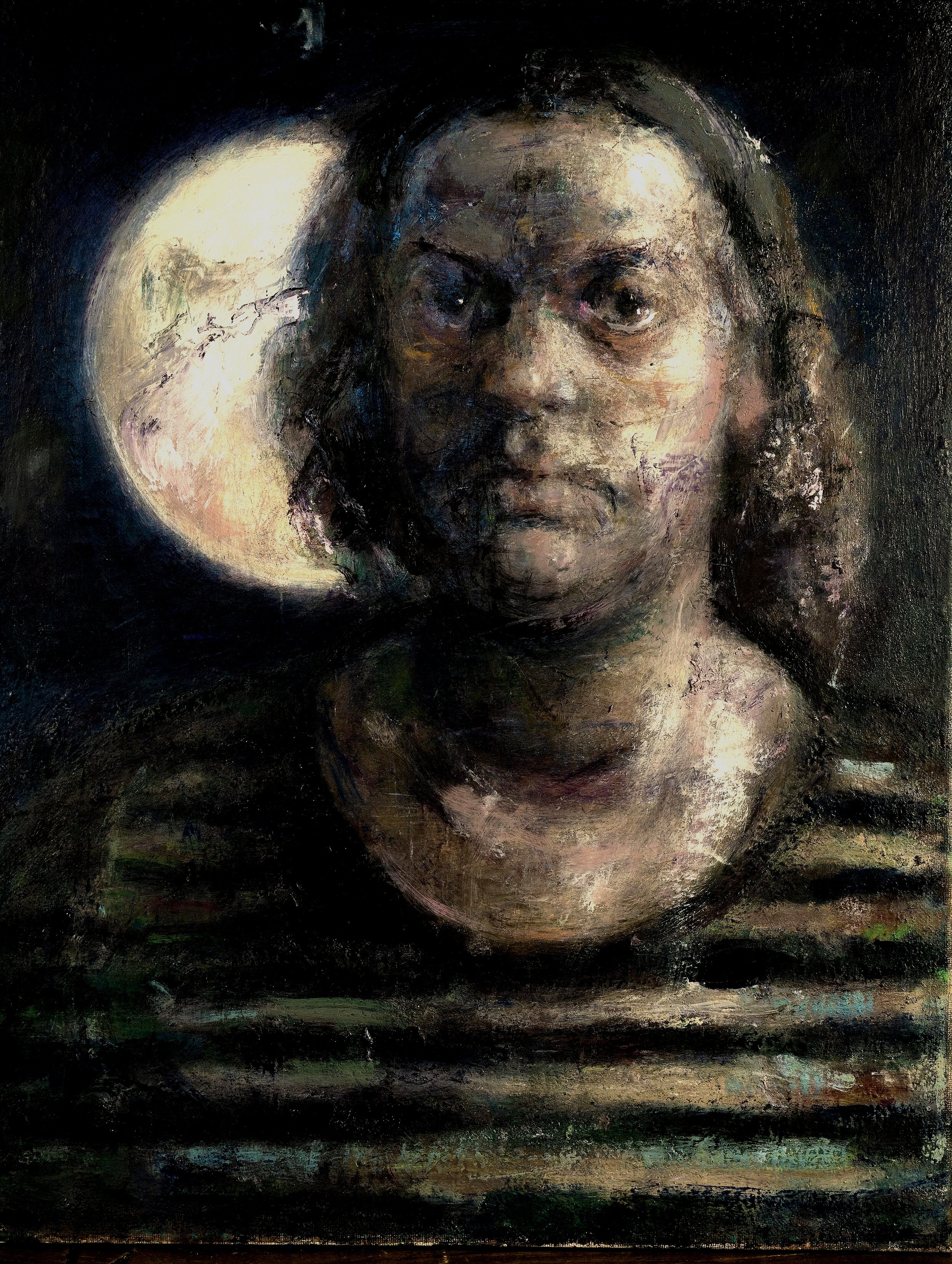 A painting of a young man with dark hair, looking directly at the viewer, with a luminous moon in the background.
