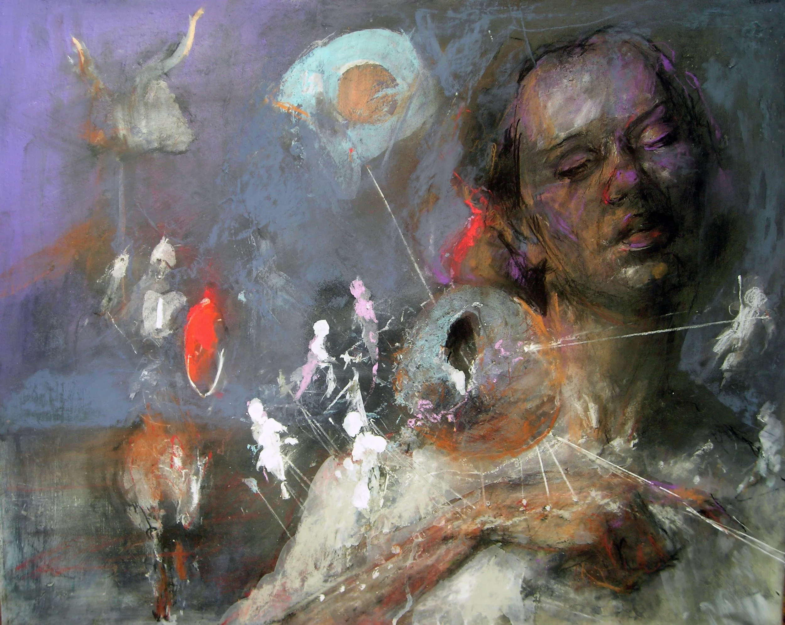 Wondering Knight, mixed media on paper glue on wood, 32x42"