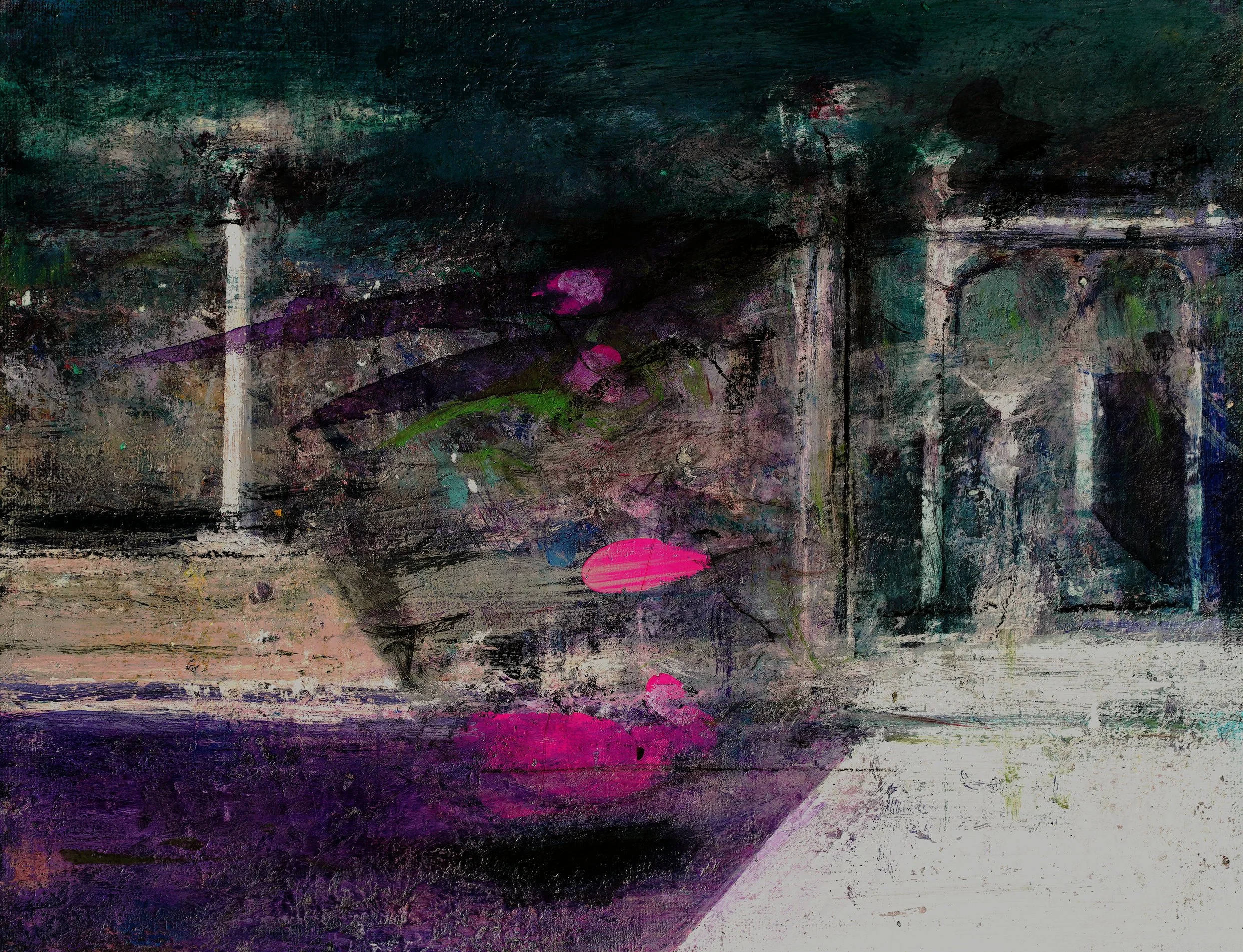 Abstract painting with dark background, pink flowers, and a blurred, textured city scene, including a person visible through an arched window.