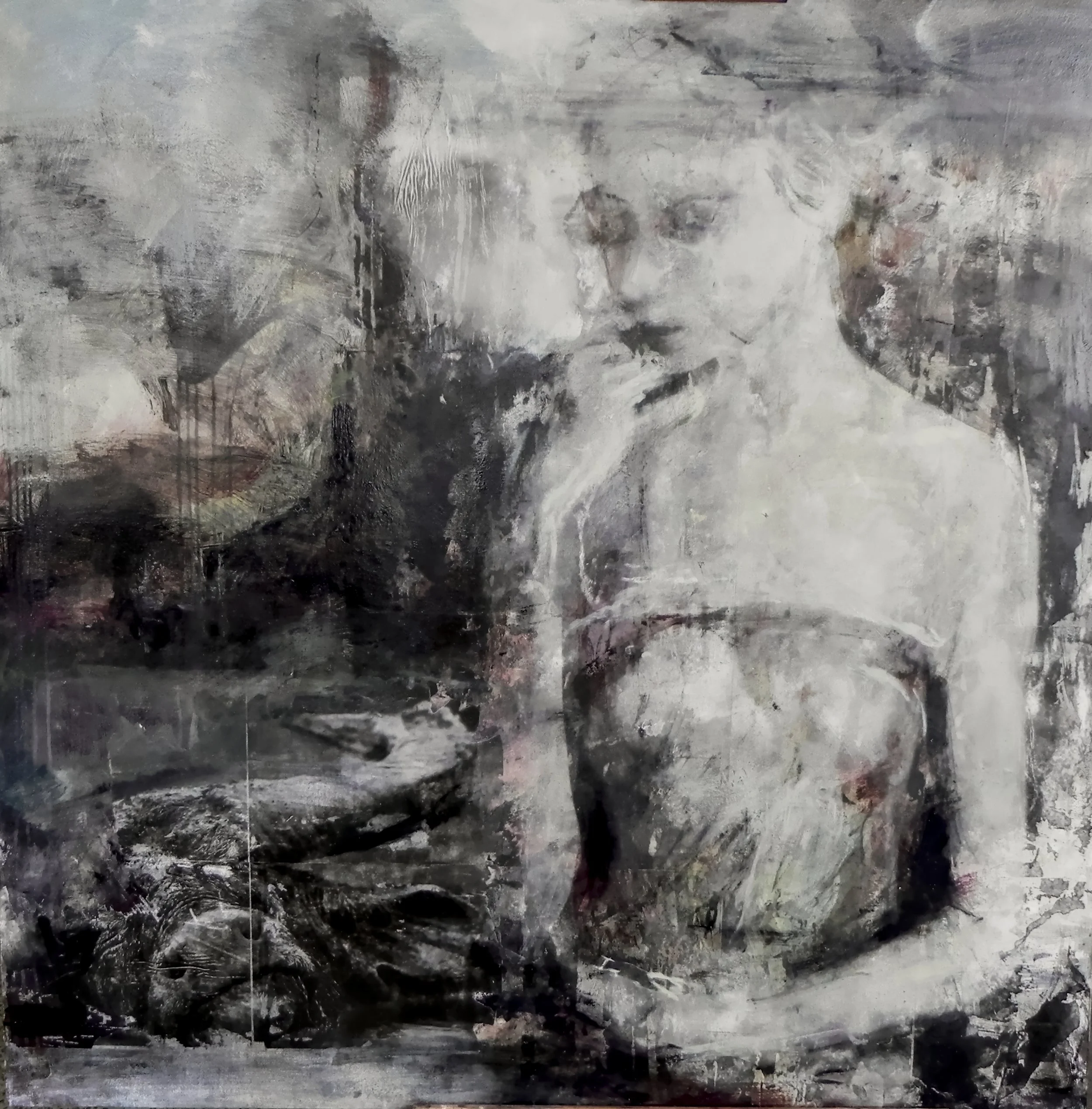 Murmur, oil and transfer on canvas, 68x68"