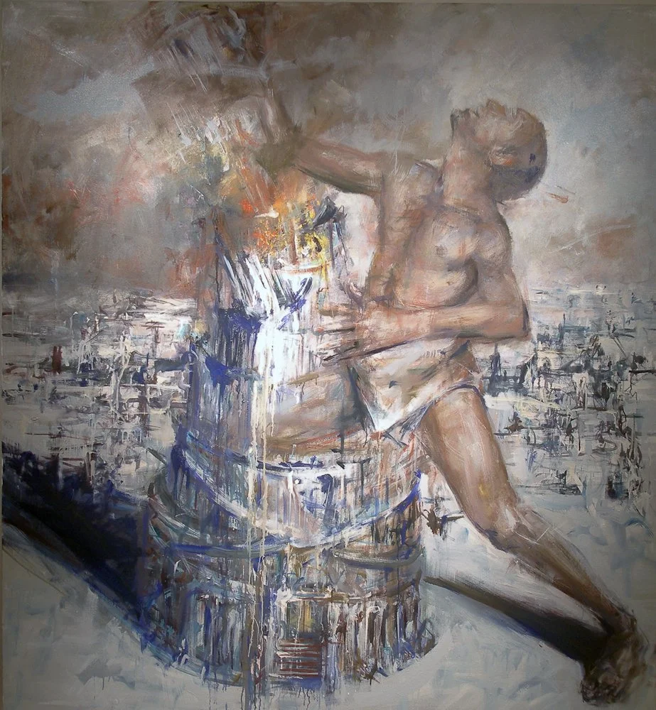 Destroying the Tower, oil on canvas, 98x72"