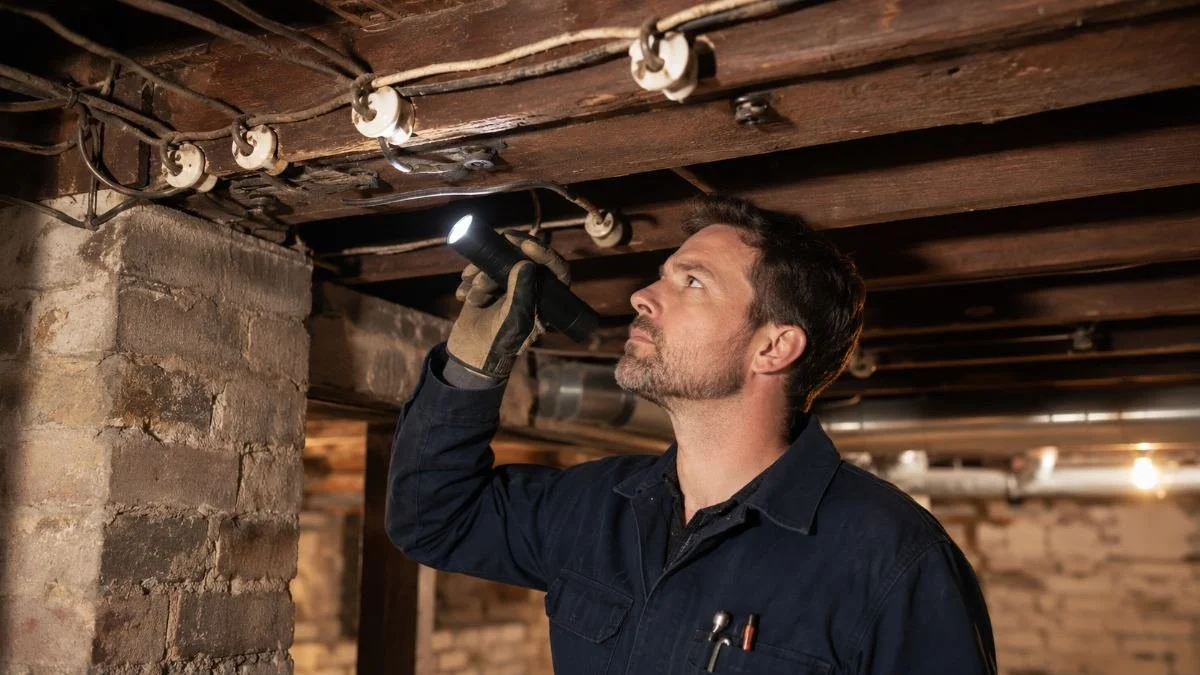 Licensed electrician inspecting old knob and tube wiring in the basement of an older home