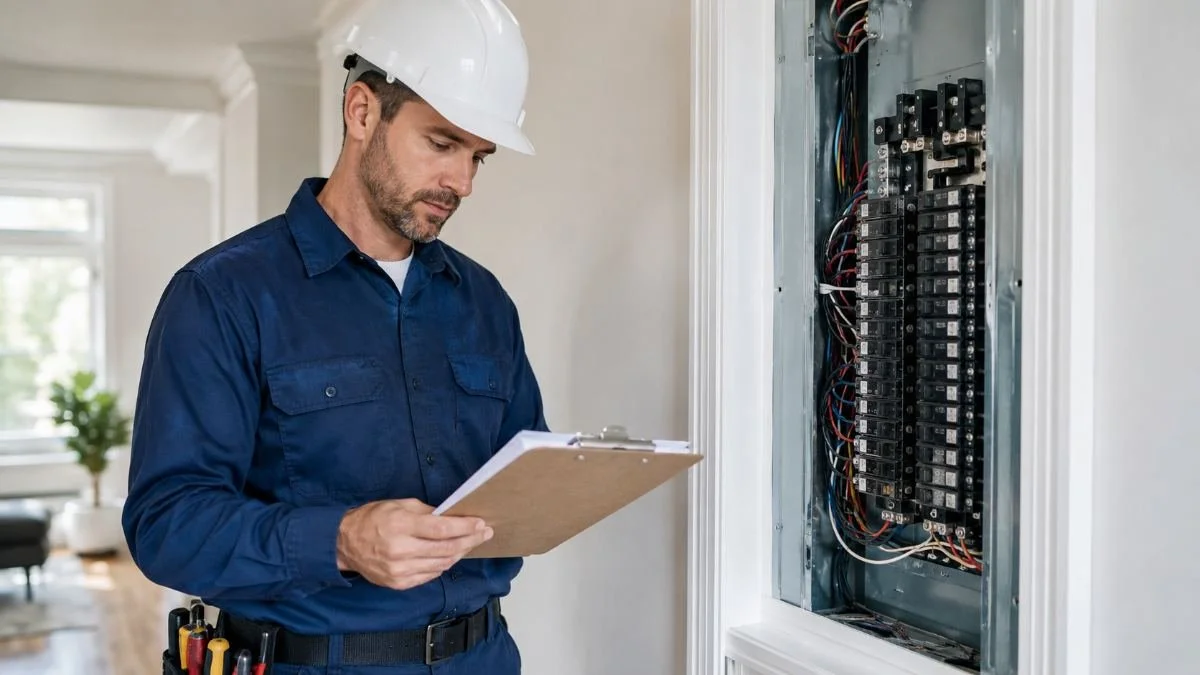 Licensed electrician reviewing a permit document beside a residential electrical panel