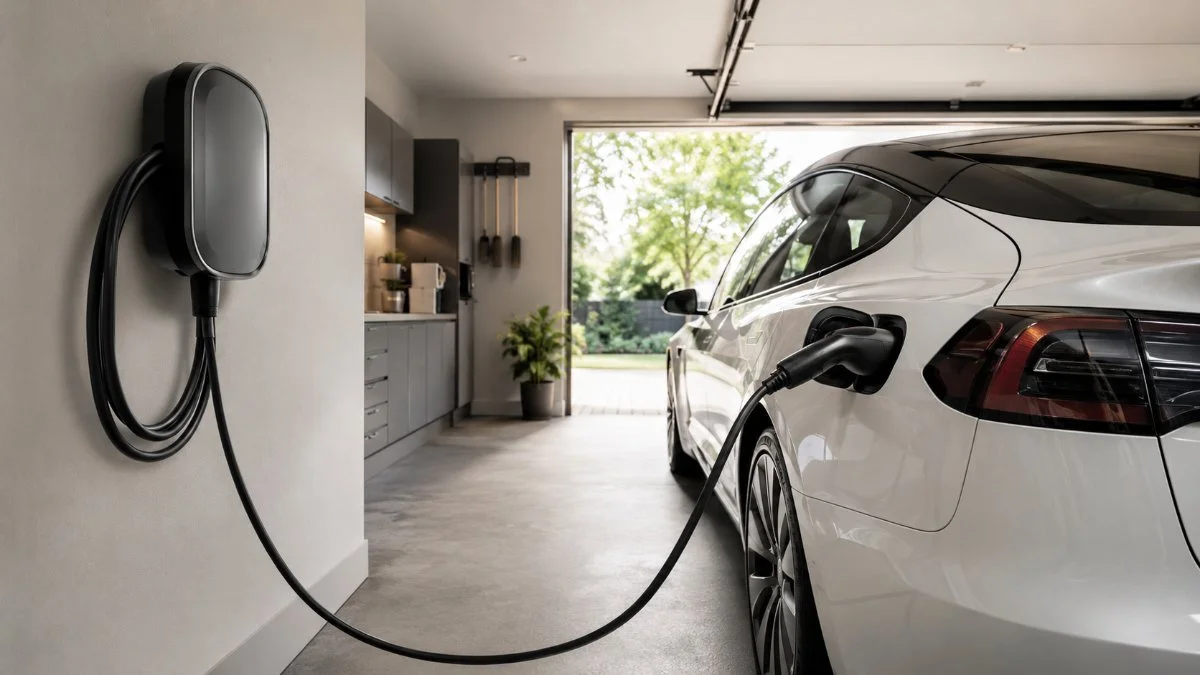Level 2 home EV charger mounted on a garage wall next to a modern electric car