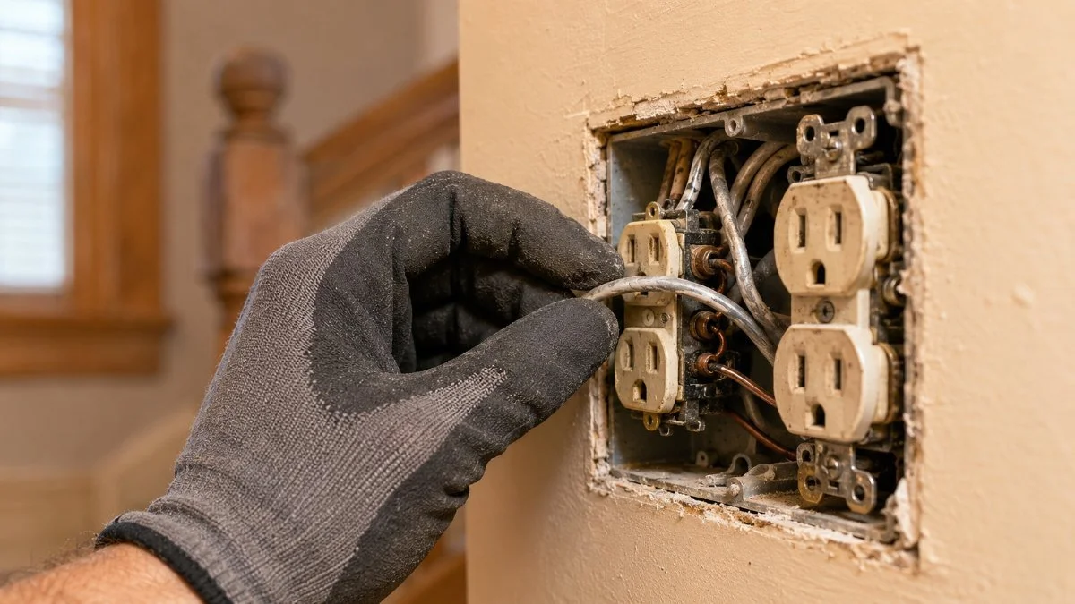 Electrician examining aluminum branch wiring in an older home