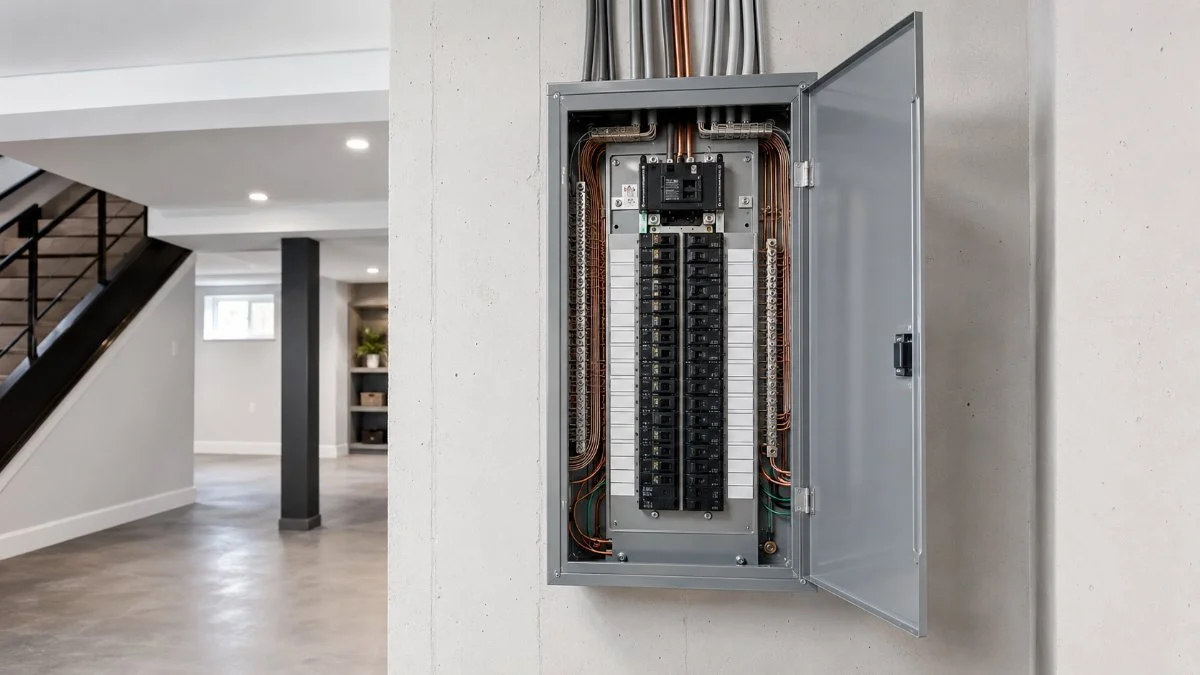 New 200 amp residential electrical panel mounted on a basement wall