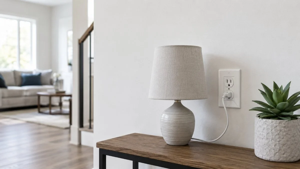 Wall outlet with a lamp plugged in but not lit, indicating a dead outlet