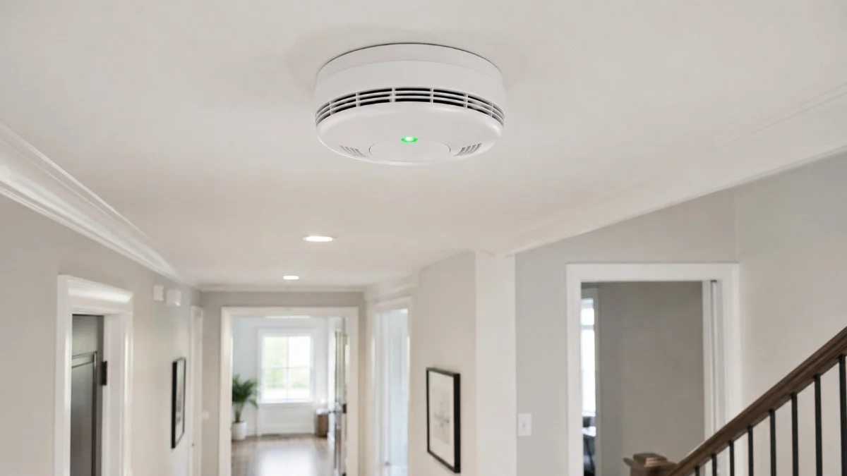 Modern white ceiling mounted smoke alarm in a Canadian home hallway