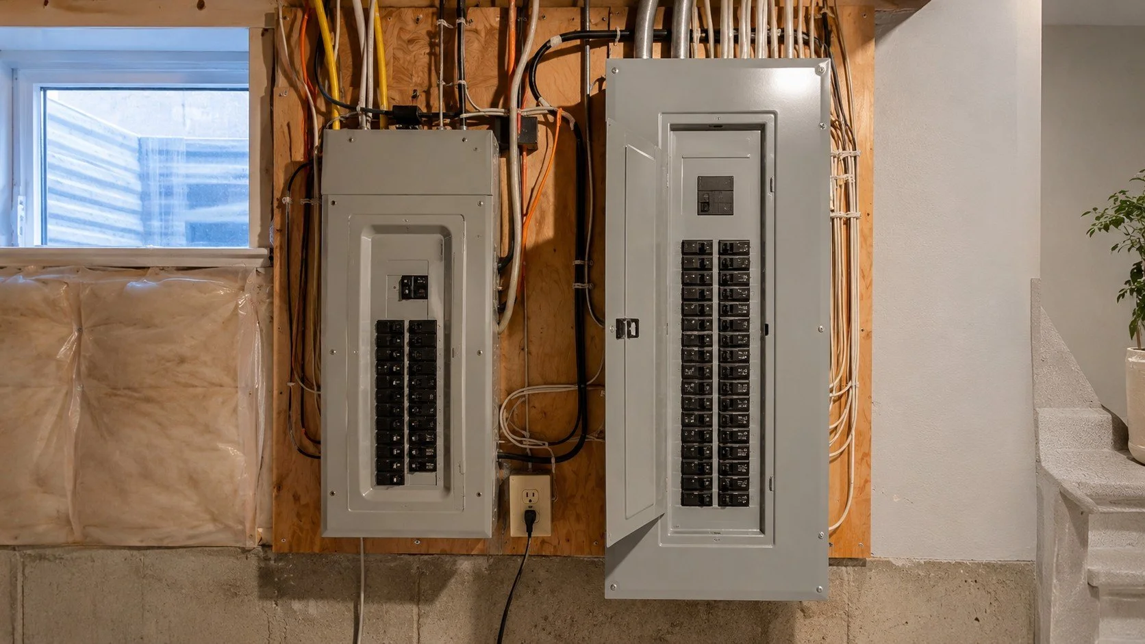 Older 100 amp panel next to a modern 200 amp electrical panel in an Ontario home