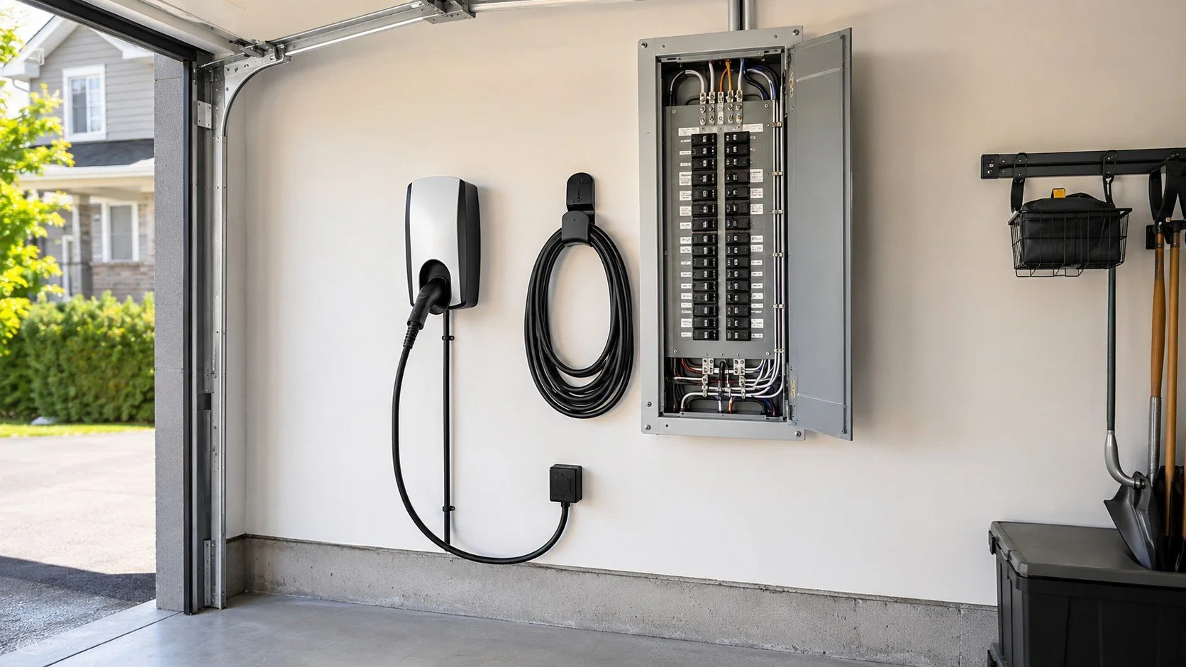 Level 2 EV charger beside an electrical panel in an Ontario garage