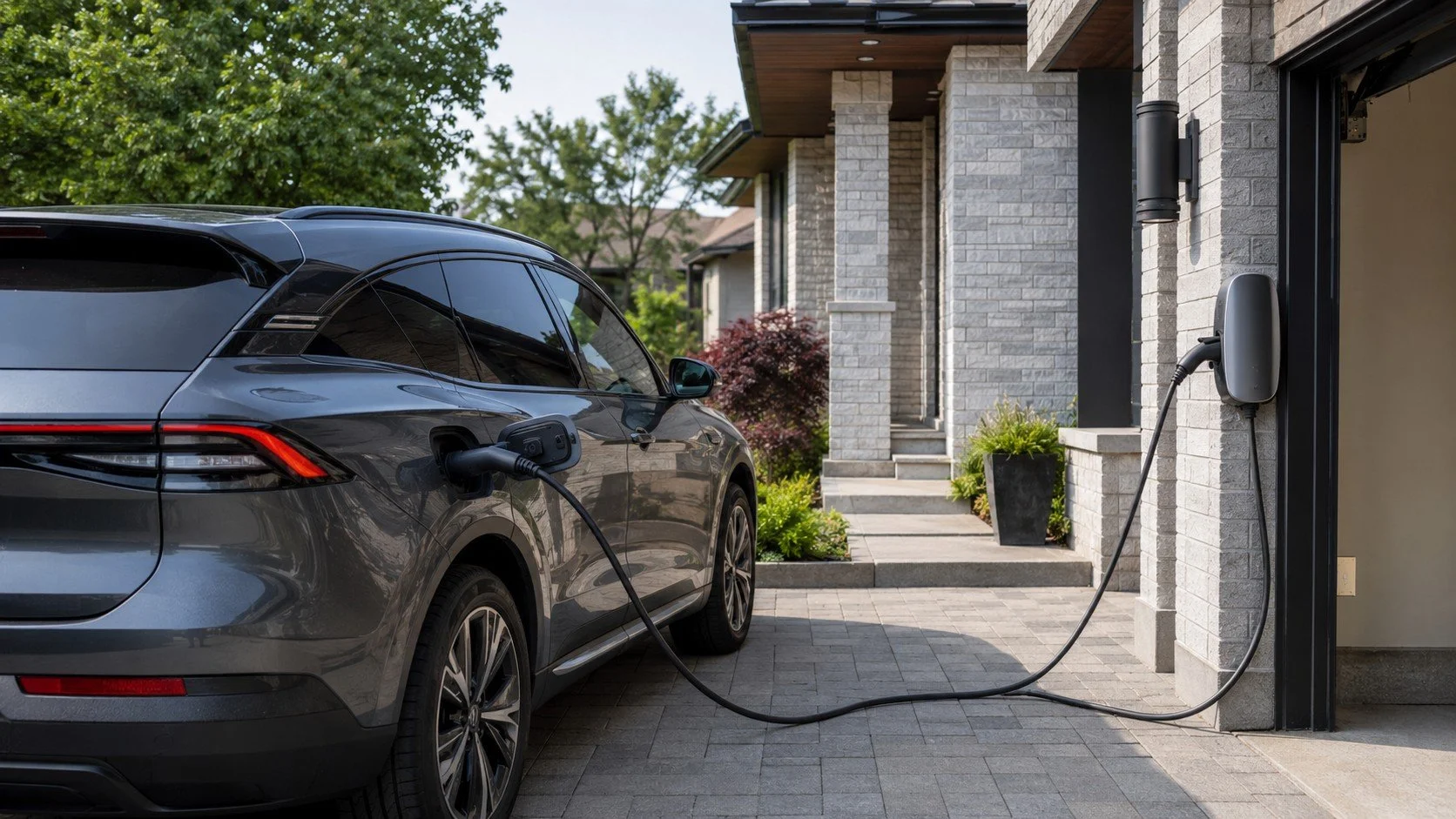 Electric vehicle charging from a Level 2 home charger in an Ontario driveway