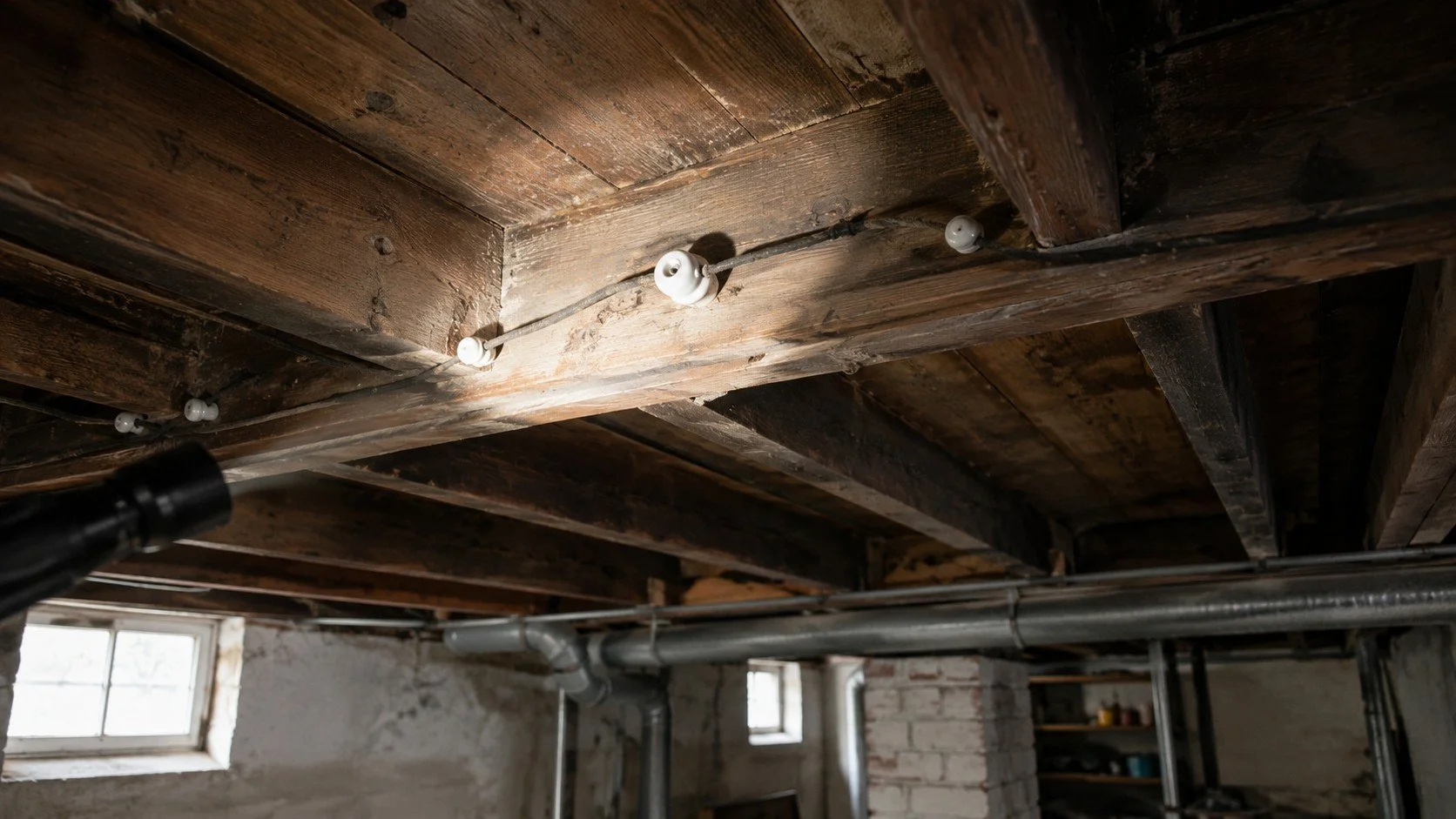 Ceramic knob and tube wiring visible along the joists of an older Ontario basement