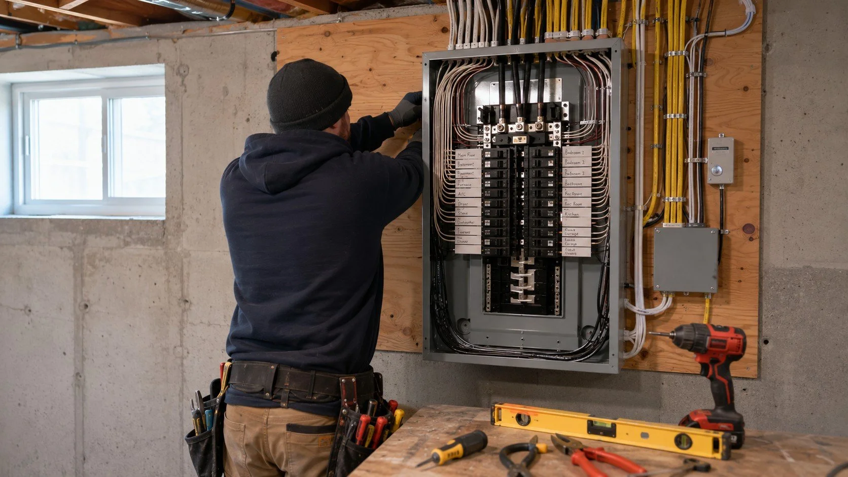 Electrician installing a modern 200 amp electrical panel in an Ontario home