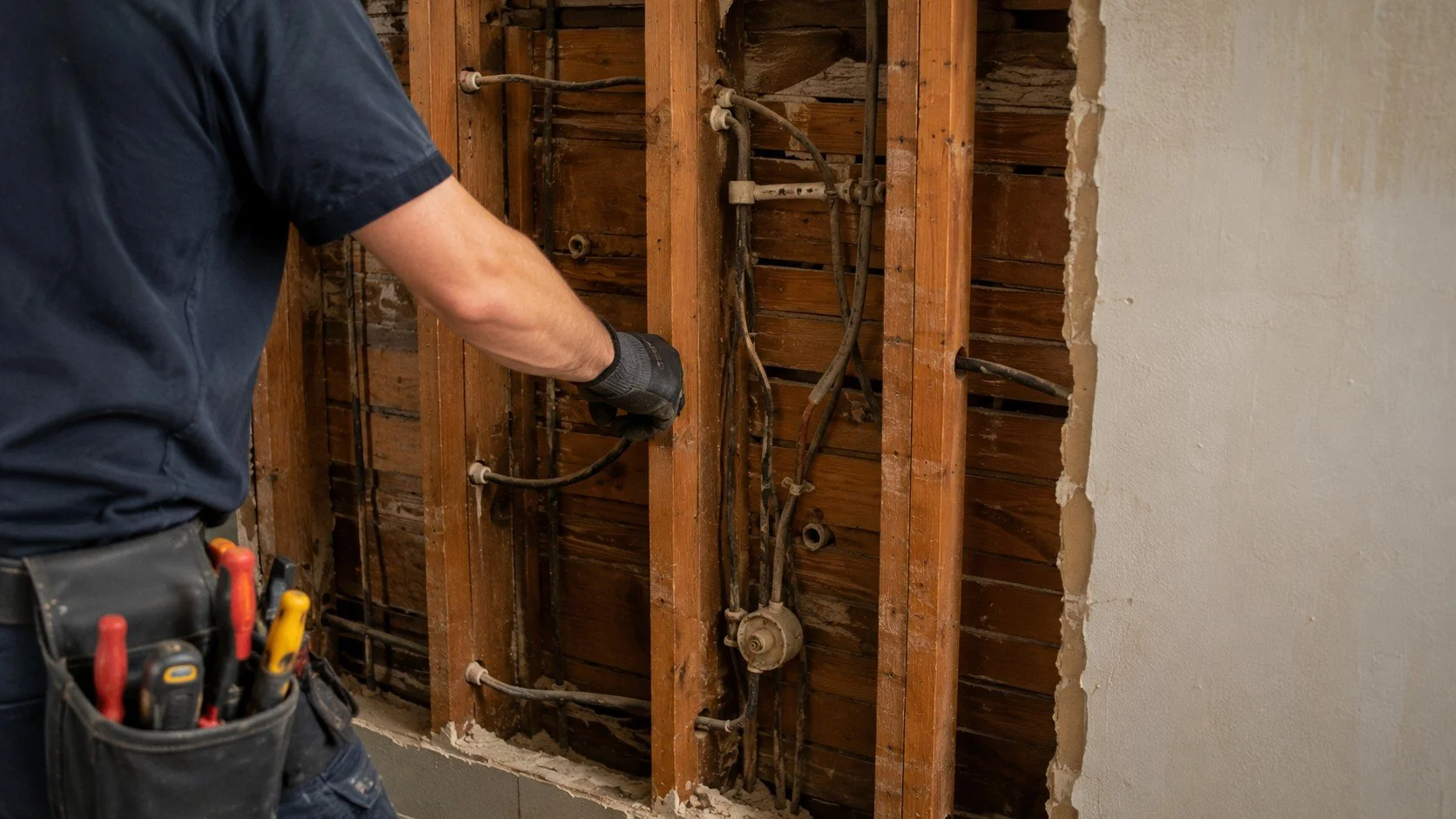 Electrician inspecting old wiring inside the wall of an older Ontario home
