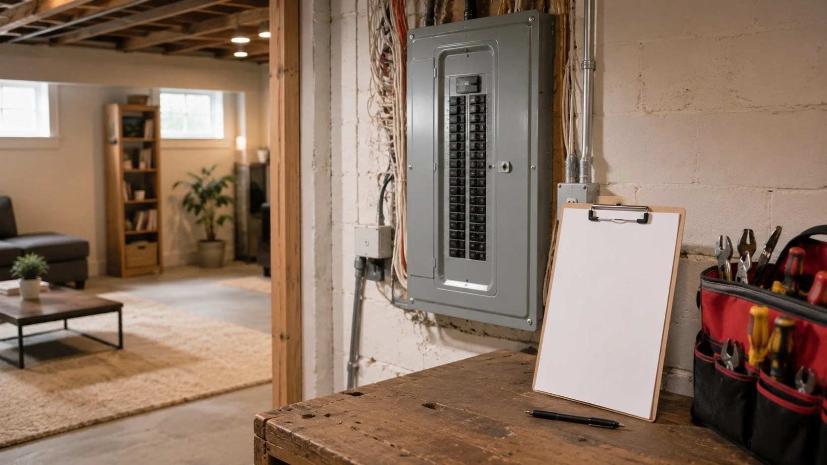 Electrical panel and workbench in an older Toronto home basement