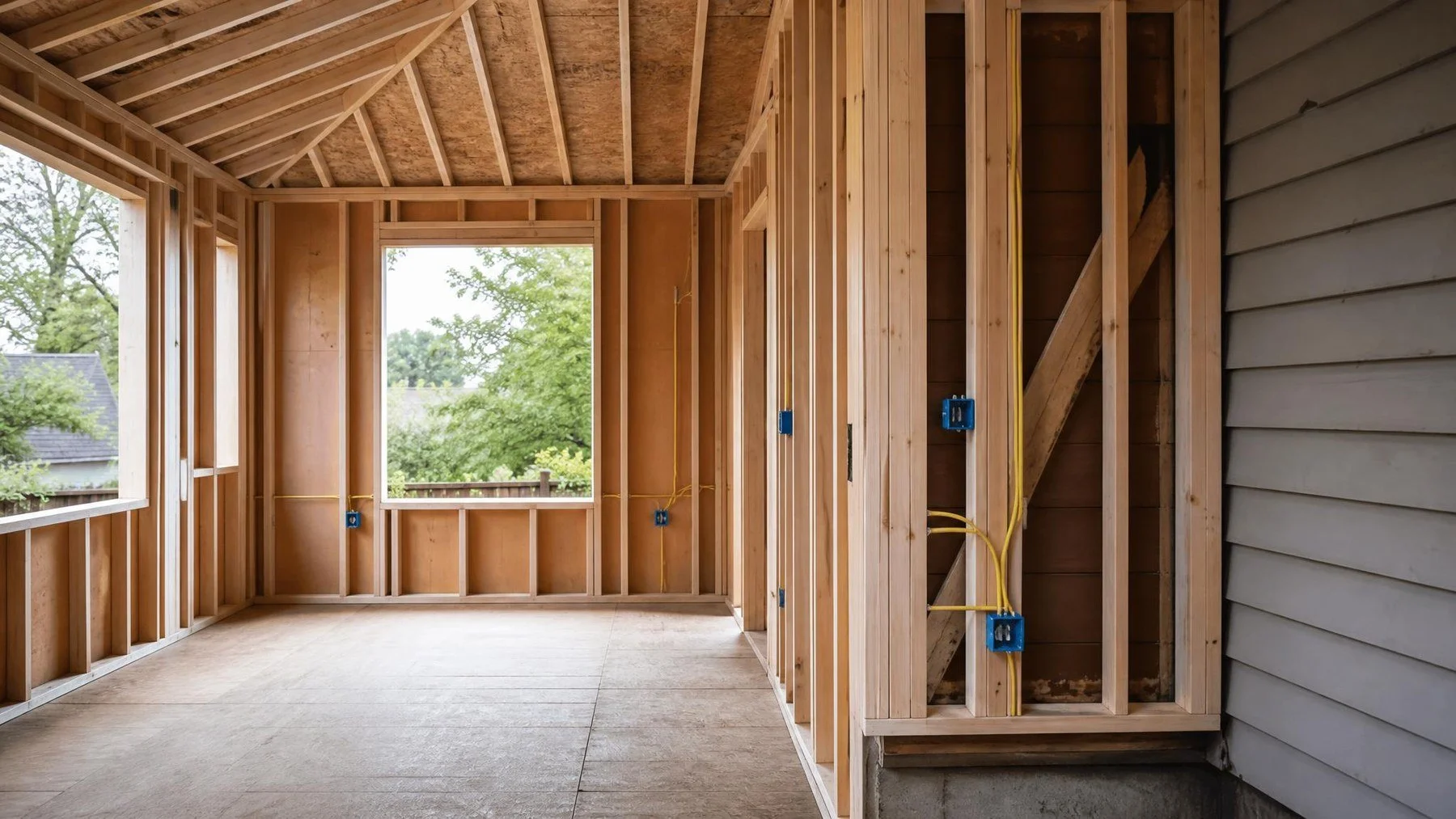 Framed Ontario home addition with organized electrical boxes and building plans