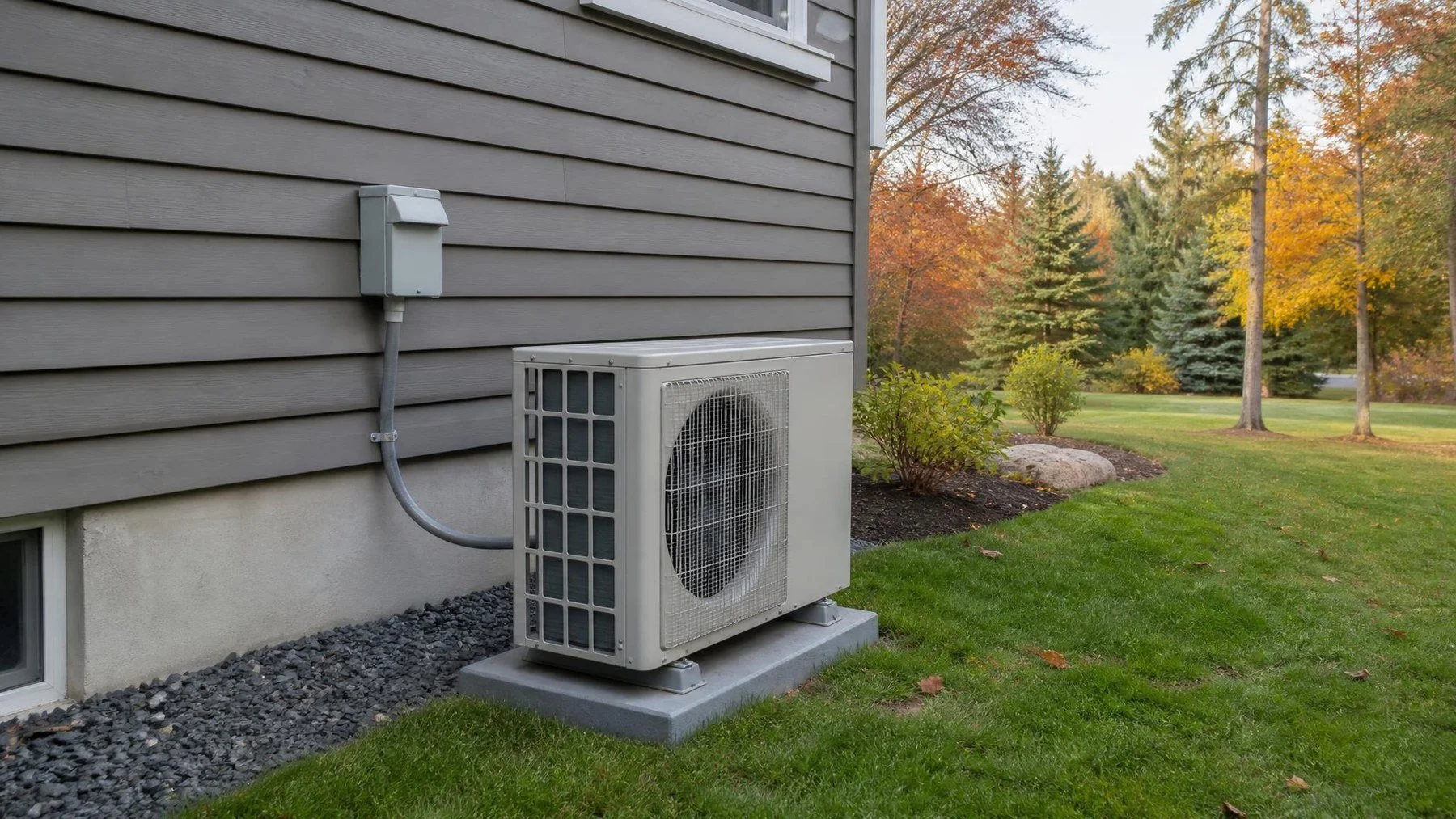 Outdoor cold climate heat pump beside a tidy Ontario house with a planned electrical route